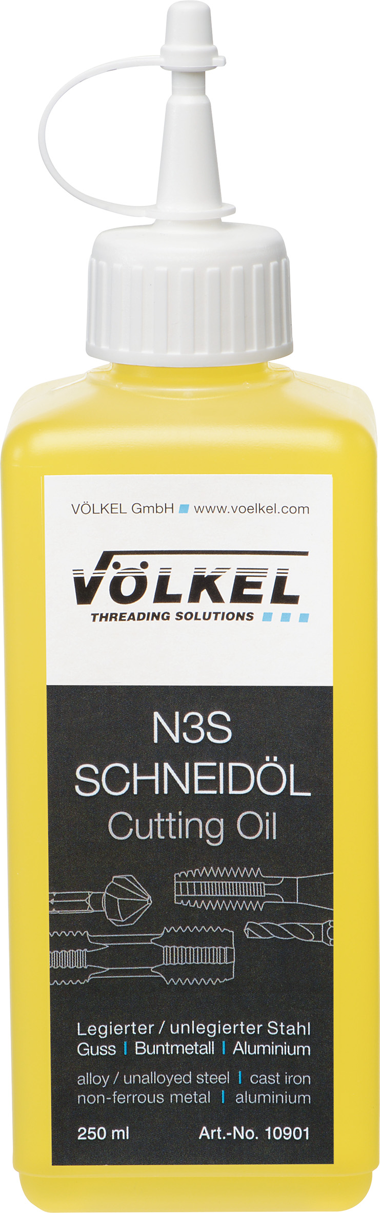 Huile de coupe VÖLKEL N3S en bouteille de 250 ml, adaptée à l’acier, la fonte, les métaux non ferreux et l’aluminium, optimisée pour un taraudage propre et précis.