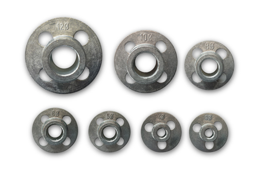 Die-cast thread die guides Photo of seven die-cast thread die guides labeled from size 30 to 120.
