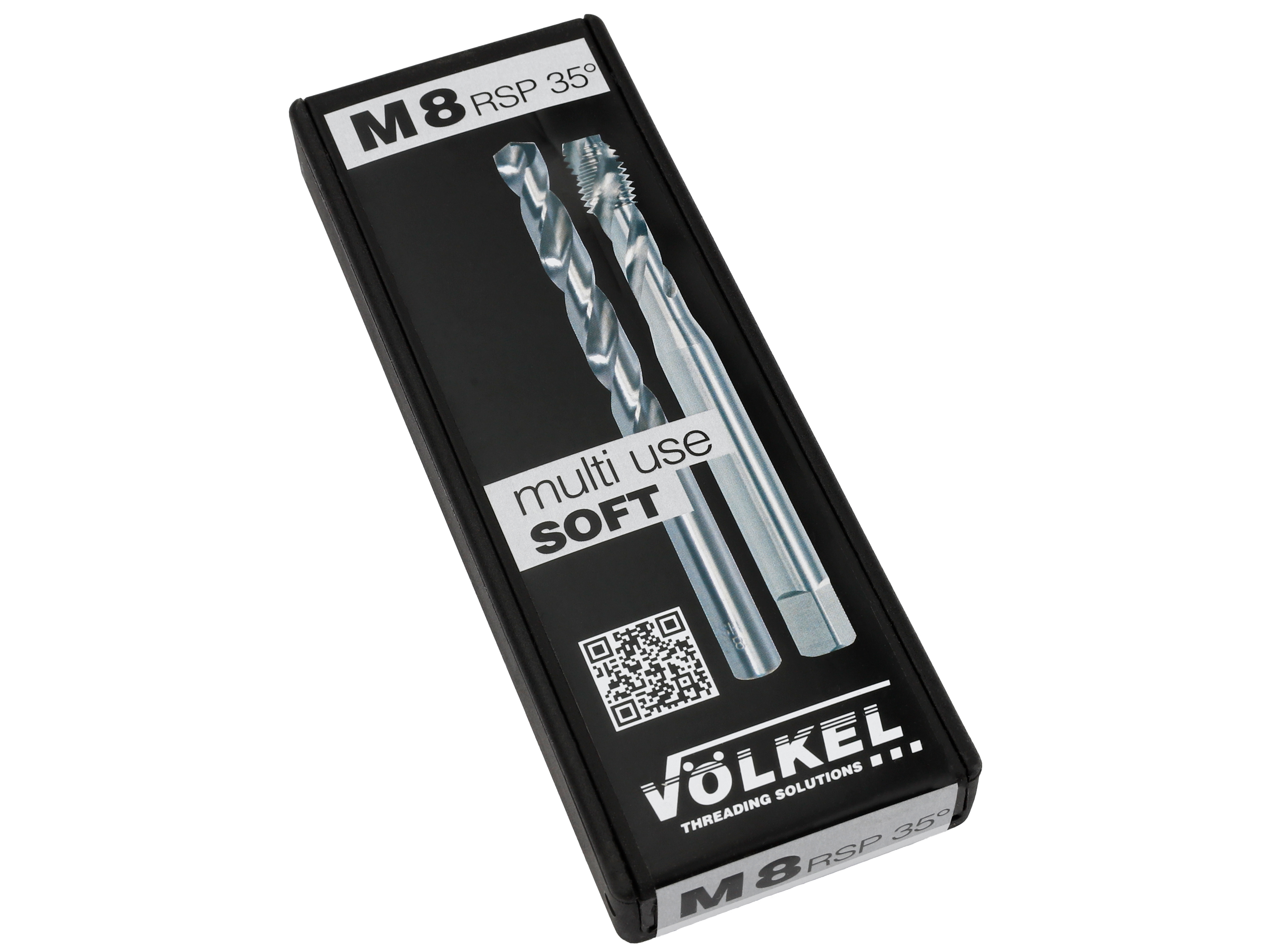 VÖLKEL TwinBox Standard in der Originalverpackung, für den universellen Einsatz, DIN 371, mit rechtsgedrallter Spannut, M 8, freigestellt vor weißem Hintergrund
