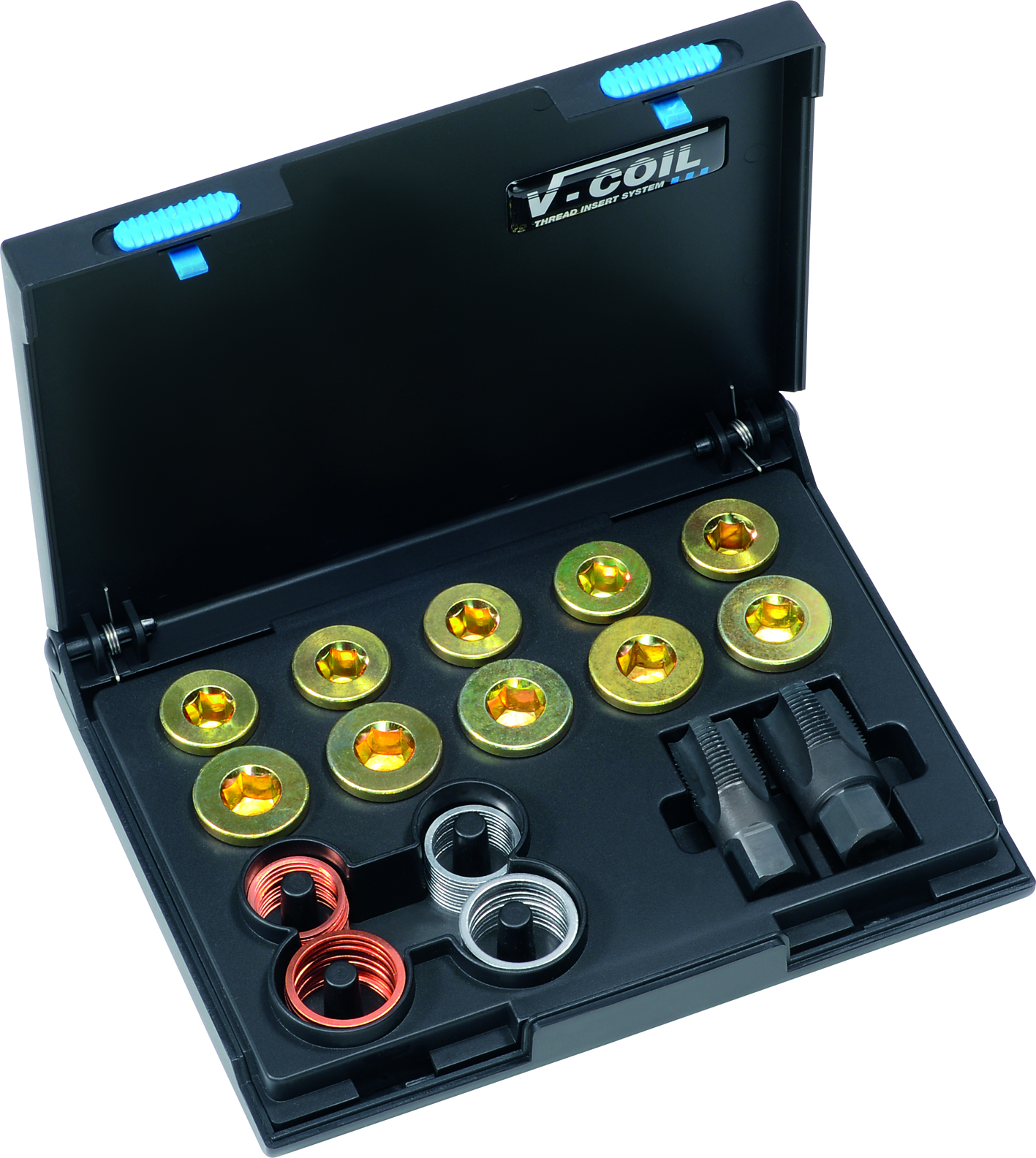 V-COIL oil pan repair kit with thread inserts, tools, and color-coded coil inserts in open case.