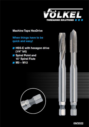 VÖLKEL "Machine Taps HexDrive" catalog cover featuring two taps (Spiral Point and Spiral Flute) made of HSS-E with 1/4" hexagon drive, M3–M12.