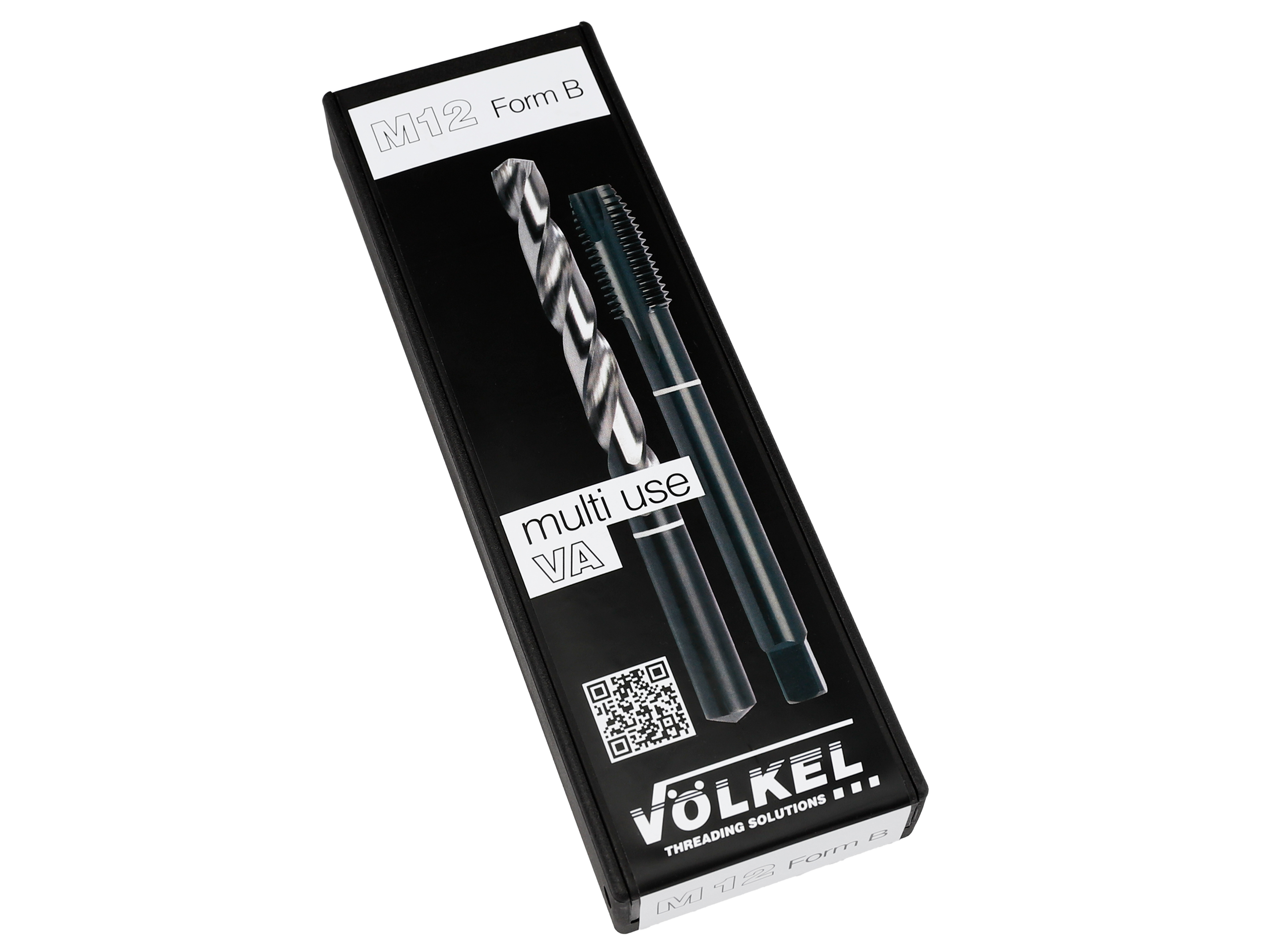 Emballage Völkel présentant set de taraudage M12 Form B pour acier inoxydable, avec foret bicolore et taraud pour usage précis.