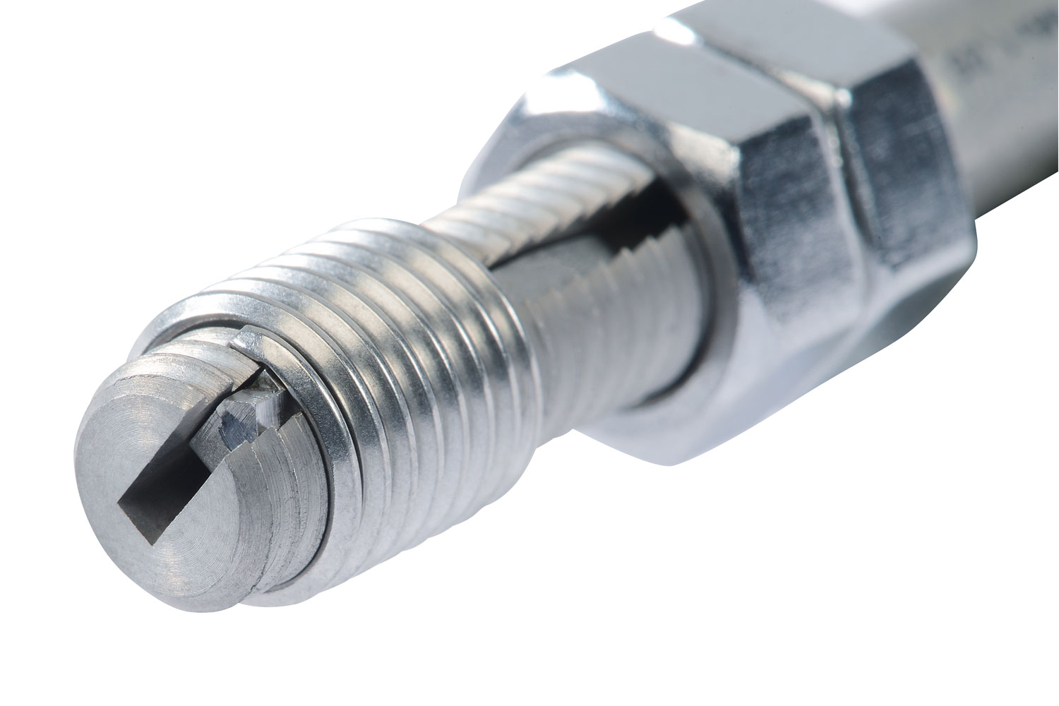 V-COIL Notch Einbauwerkzeug Nahaufnahme Nahaufnahme V-COIL Notch Einbauwerkzeug mit eingesetztem Gewindeeinsatz für präzise Gewindereparatur