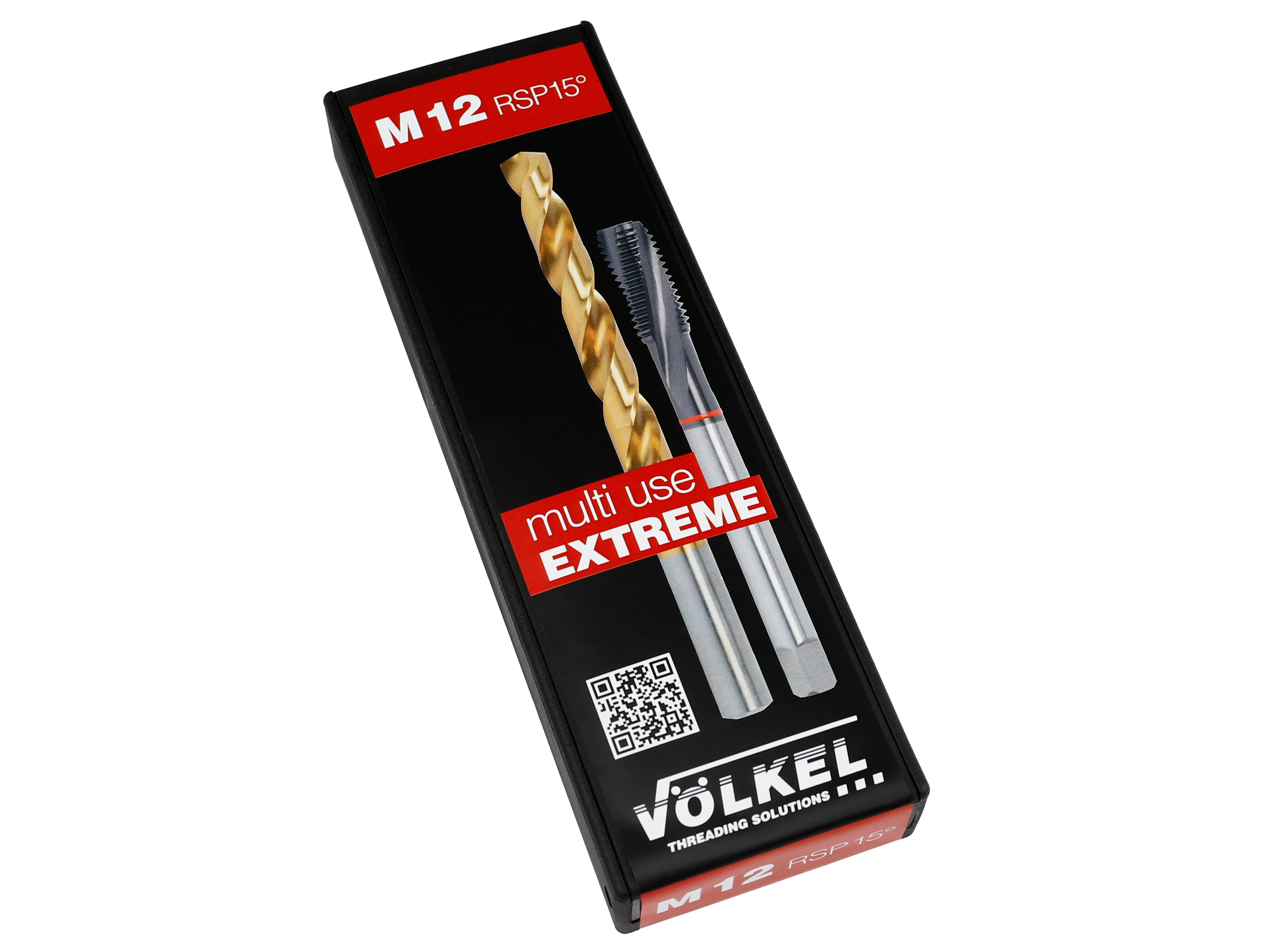 VÖLKEL TwinBox RED RING in its original packaging, for extreme applications, DIN 376, with right-hand spiral flute, M 12, cut out on a white background