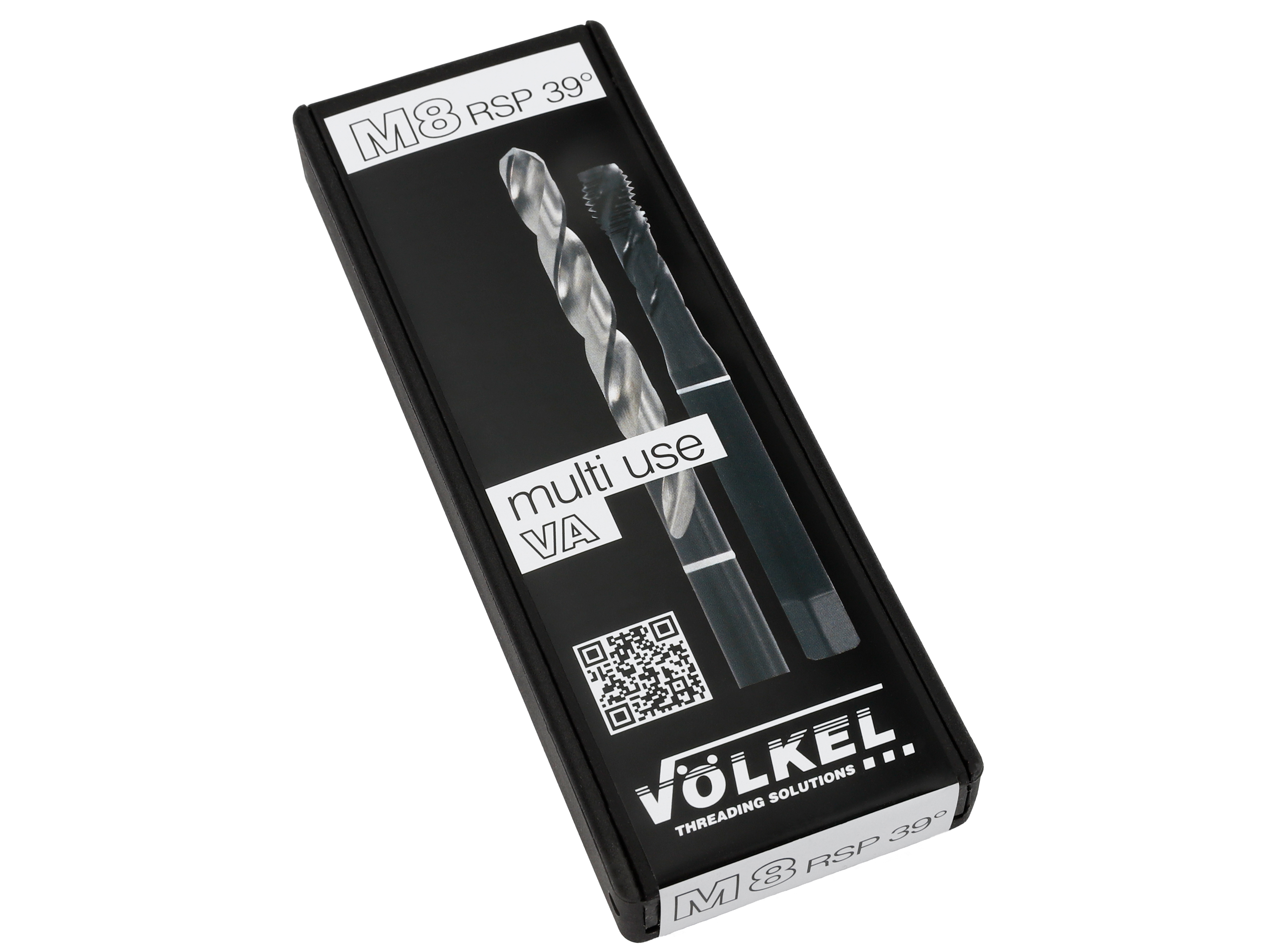 VÖLKEL TwinBox WHITE RING in its original packaging, for stainless steel, DIN 371, with right-hand spiral flute, M 8, cut out on a white background