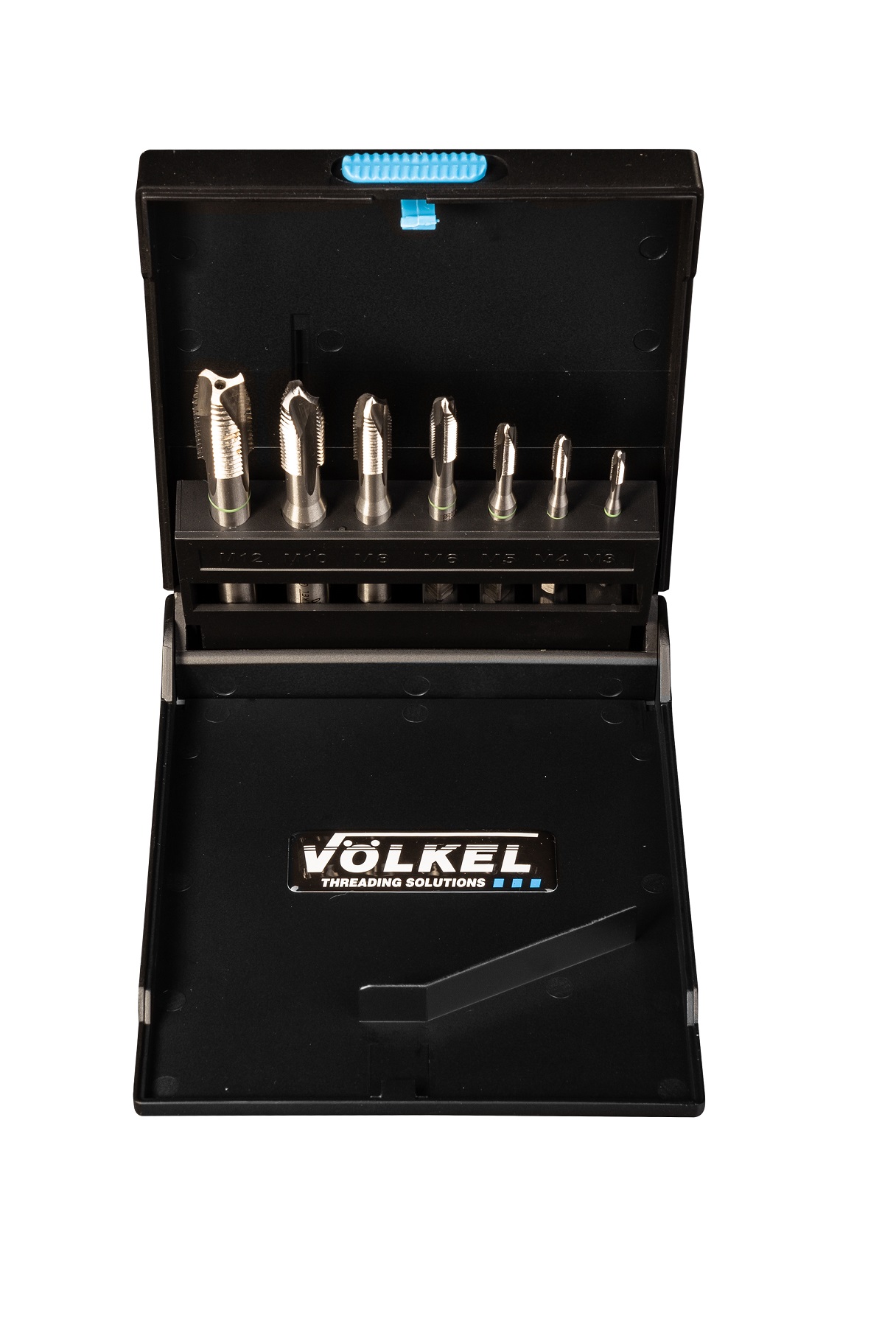 Set of 7 VÖLKEL machine taps with color rings in plastic case, ideal for precise thread cutting.