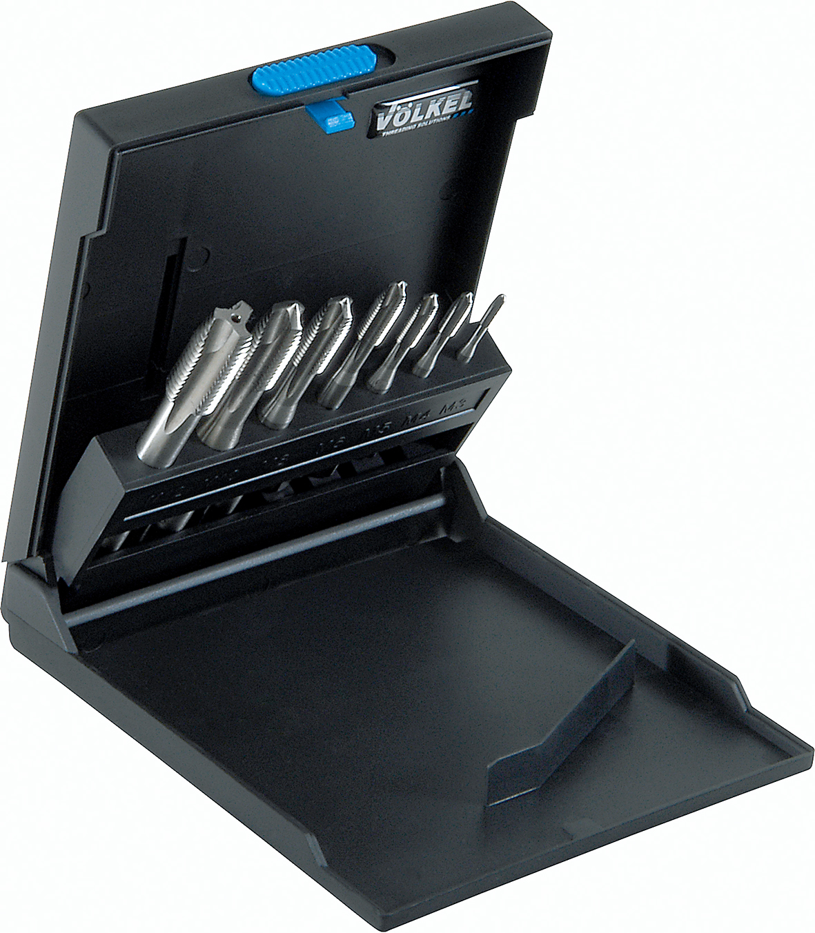 VÖLKEL machine tap set in durable plastic case with neatly arranged tools for professional thread cutting.