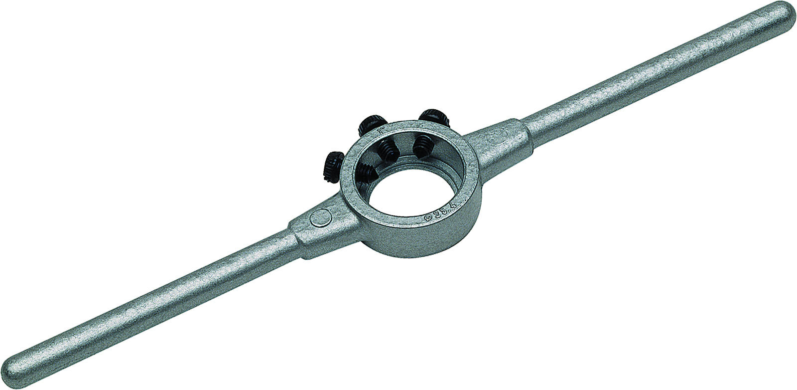 Einstellbarer Schneideisenhalter aus dem Hause Völkel GmbH Einstellbarer Schneideisenhalter der Firma Völkel GmbH, ausgestattet mit rundem Mittelteil, drei Fixierschrauben und zwei Handgriffen für exakte Gewindeschneidarbeiten.