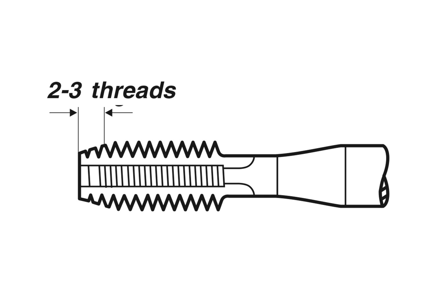 Technische Zeichnung eines Gewindebohrers Eine technische Zeichnung zeigt einen Gewindebohrer mit der Beschriftung „2–3 threads“, die auf den Abstand von 2–3 Gewindegängen hinweist.