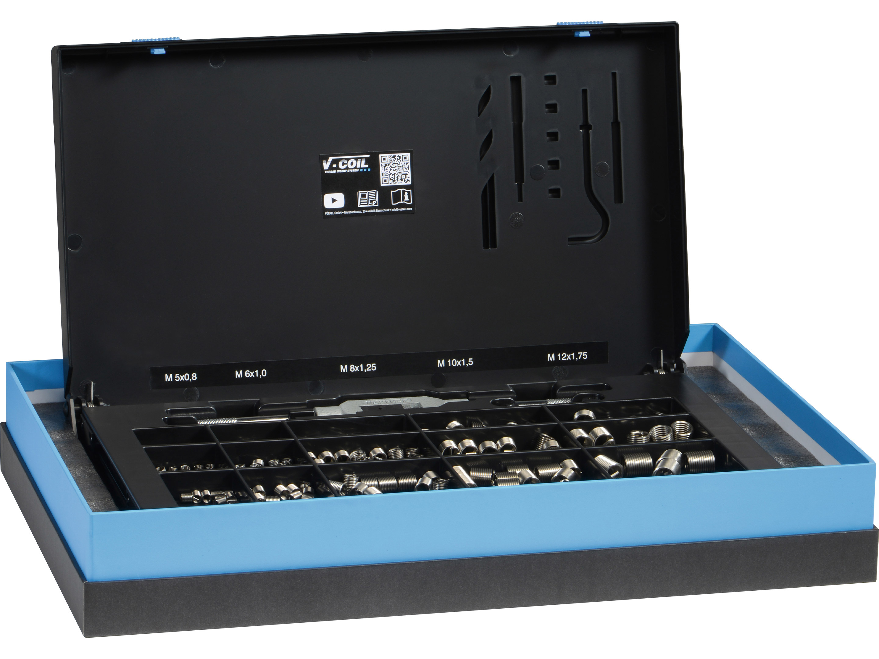 Offene VÖLKEL Jubiläumsbox mit V-COIL Gewindeeinsätzen und Einbauwerkzeugen M5 bis M12.