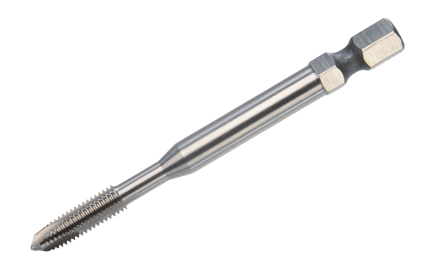 Cortador de rosca bit con vástago hexagonal para cambio rápido en taladros eléctricos.