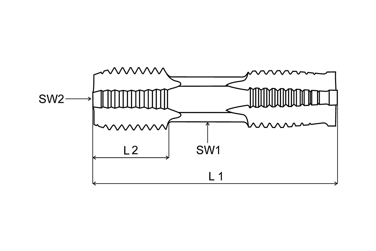VÖLKEL HexTap DS Zeichnung Technische Zeichnung des doppelseitigen VÖLKEL HexTap DS mit Maßangaben SW1, SW2, L1 und L2.