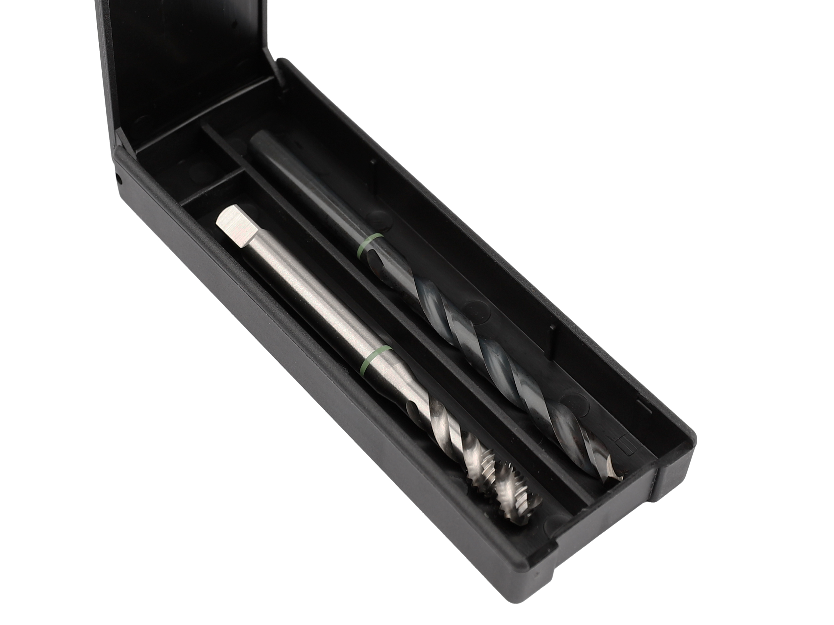 VÖLKEL TwinBox GREEN RING DIN 371 RSP 39° with drill and tap neatly stored in open black case
