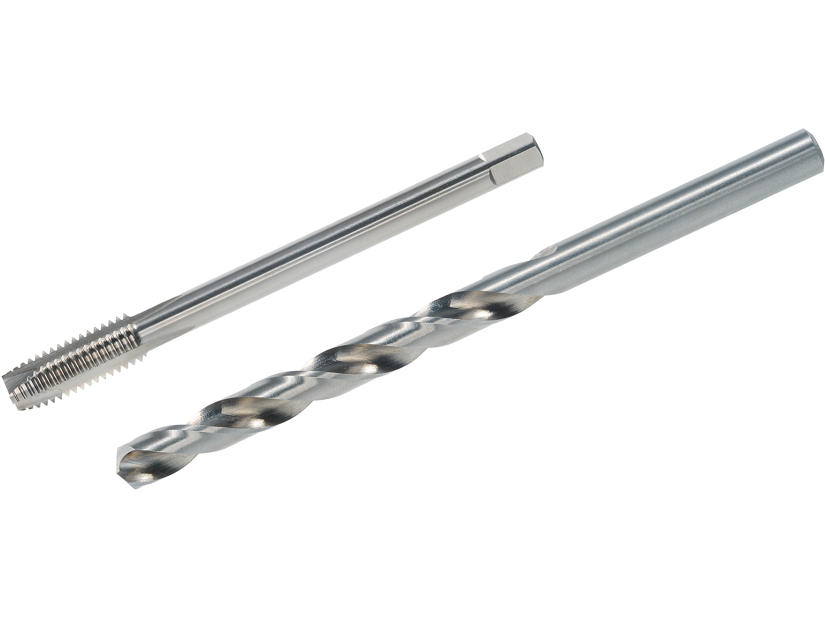 VÖLKEL TwinBox Standard for universal use, comprising a machine tap and the matching twist drill, DIN 376, Form B, cut out on a white background
