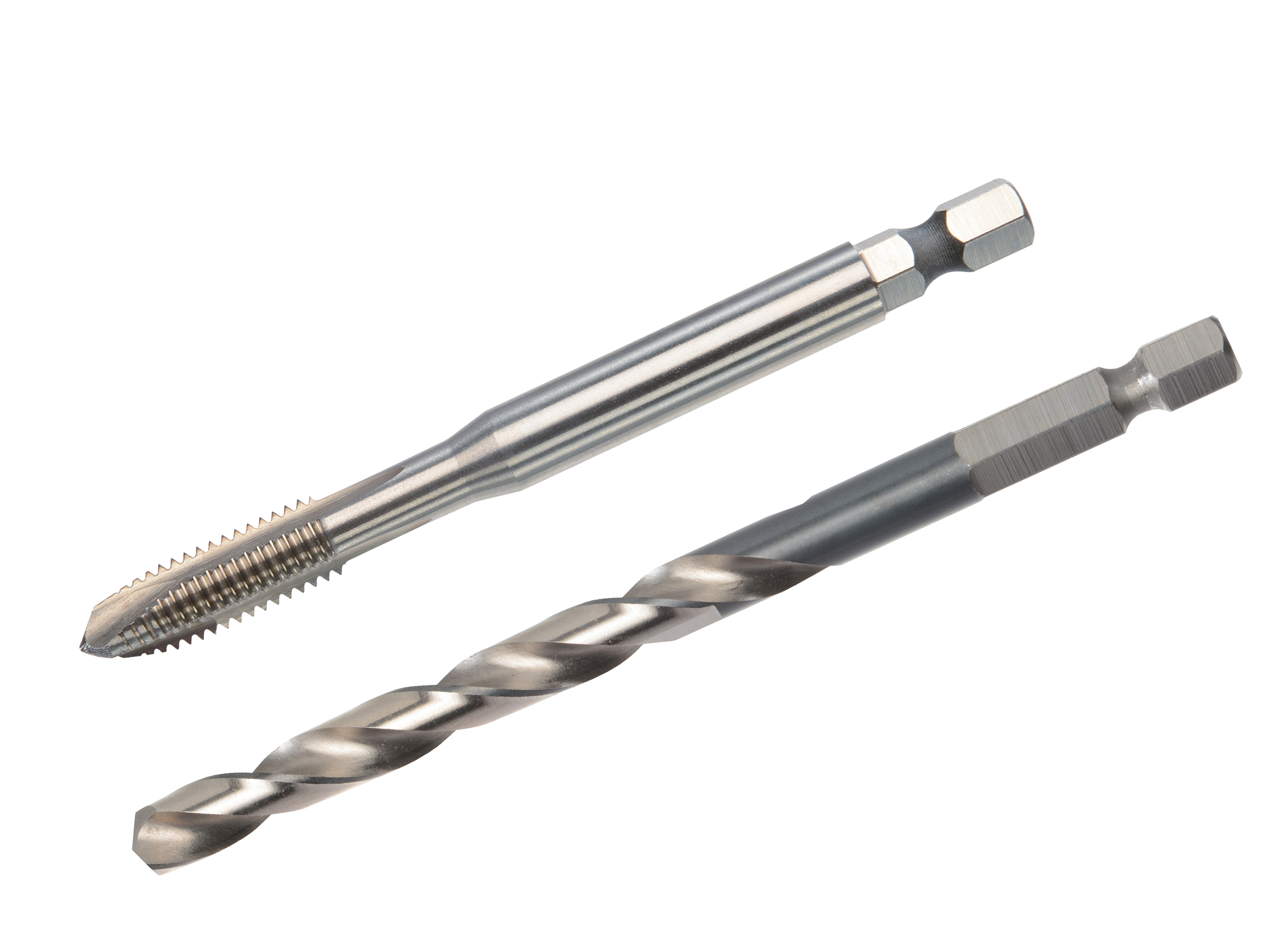 VÖLKEL HexDrive TwinBox featuring HSS-G twist drill and hex shank tap for cordless screwdrivers.