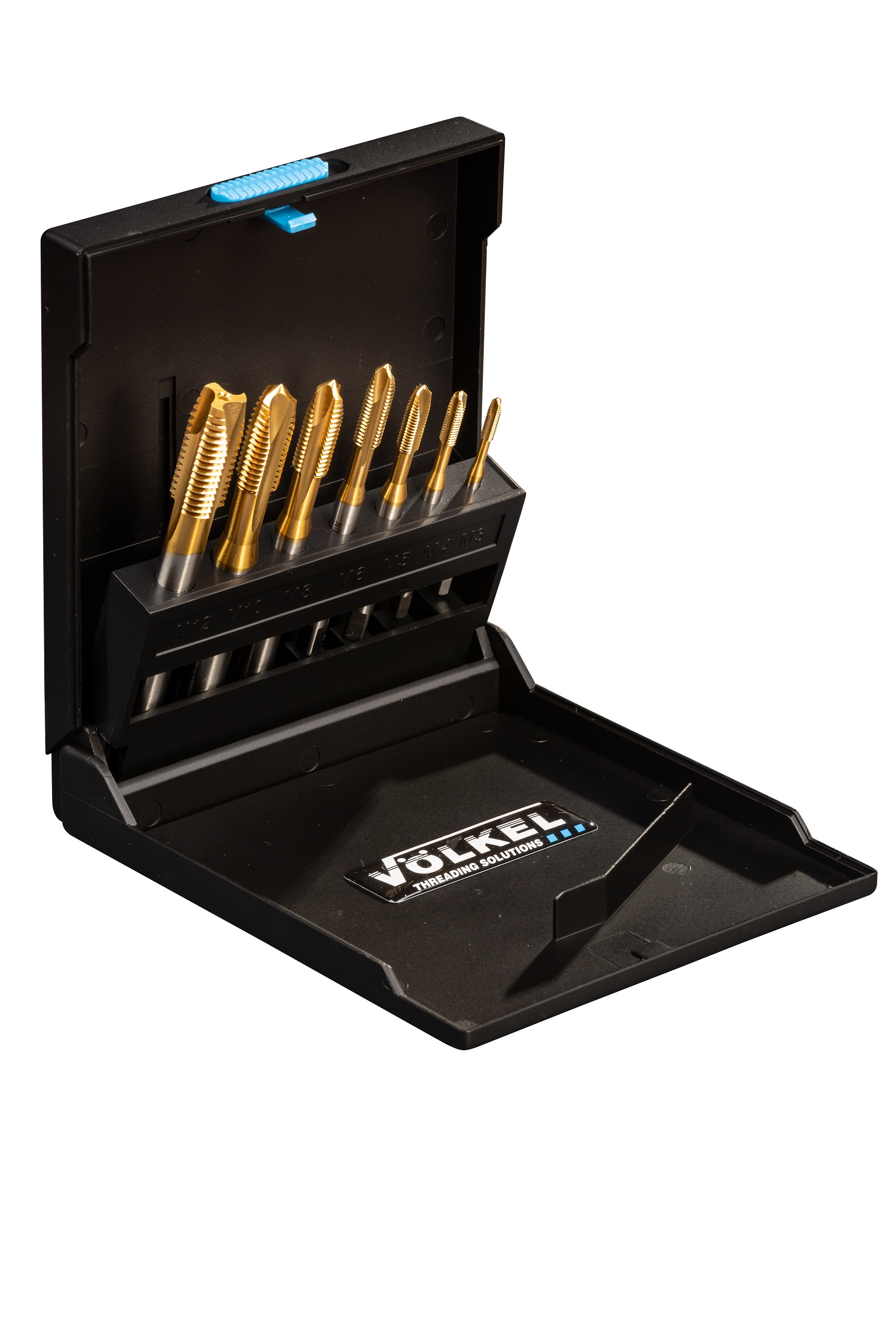 Threading tool set by VÖLKEL with TiN-coated taps neatly arranged in plastic box.