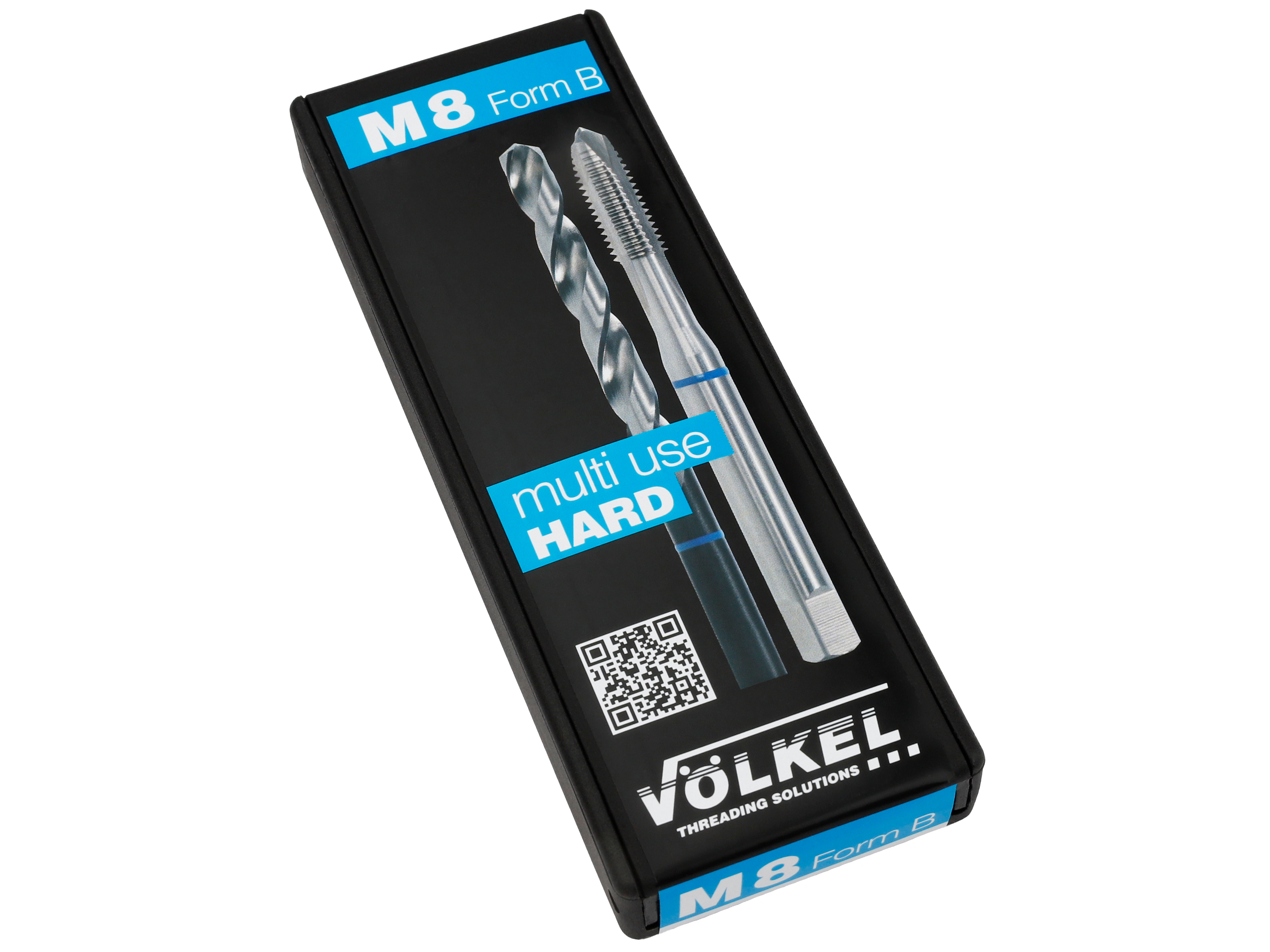 Embalaje de TwinBox AZUL DIN 371 Form B con macho y broca M8 de VÖLKEL, ideal para materiales duros.
