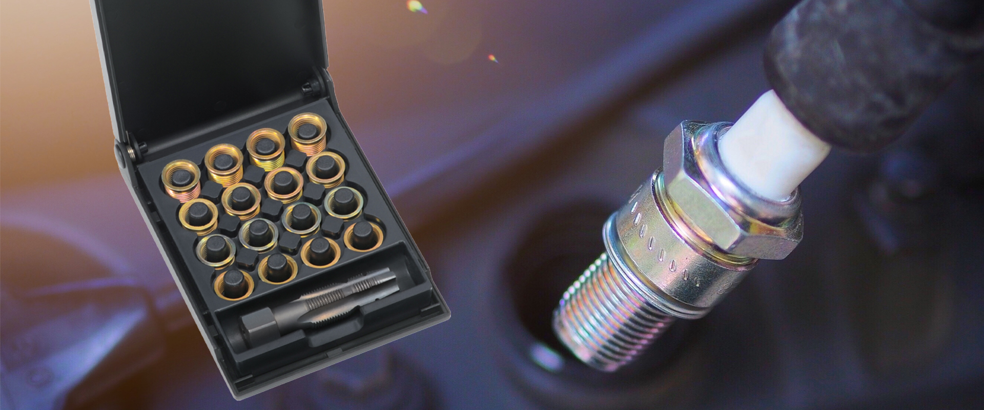 Spark plug thread repair kit and spark plug Spark plug thread repair kit by VÖLKEL and a spark plug