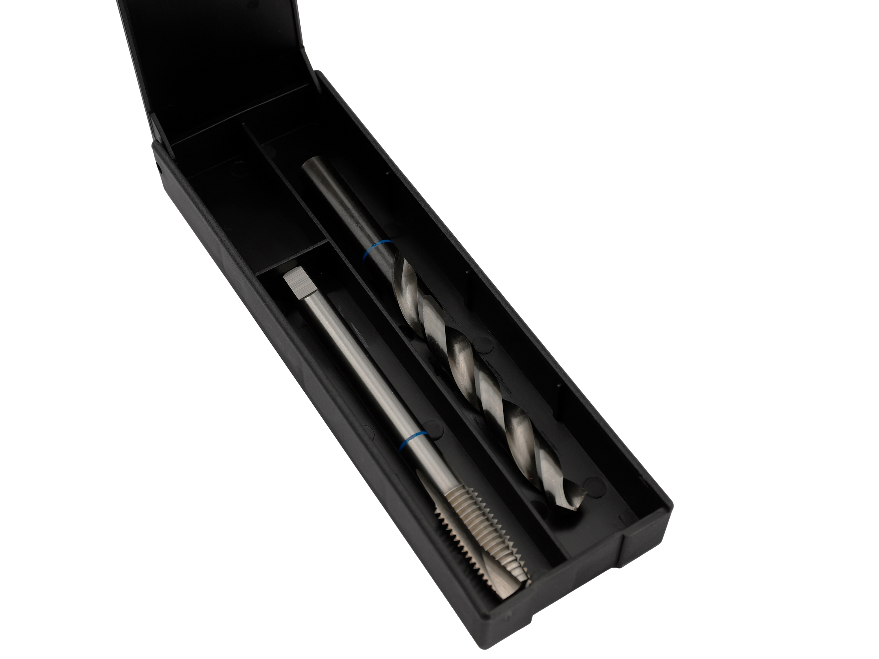 Estuche abierto con broca helicoidal y macho de roscar metálico de TwinBox DIN 376 Form B para corte de roscas preciso.
