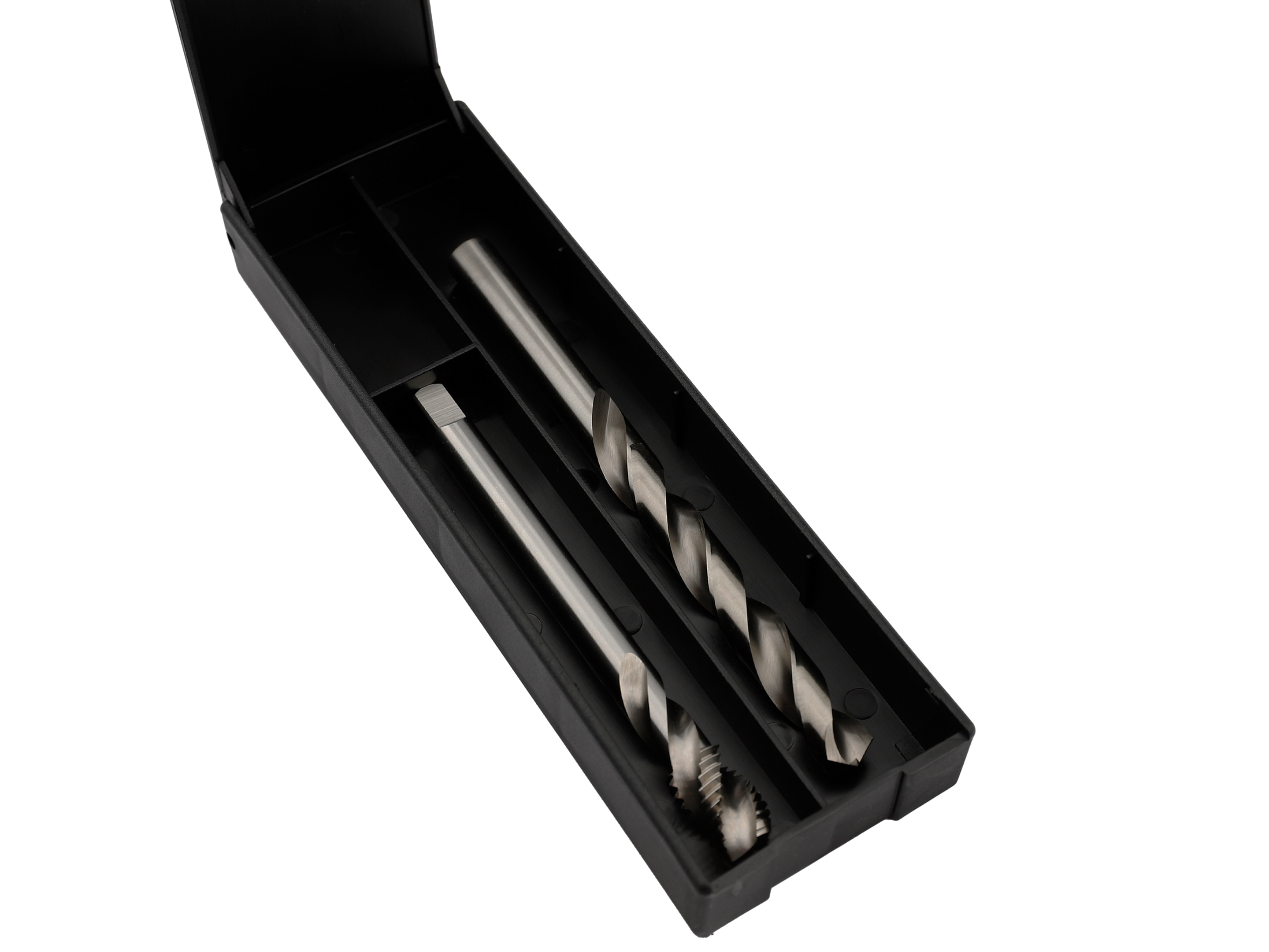 Open black plastic case containing two metal tools: a twist drill and a threading tap for precise drilling and cutting tasks.