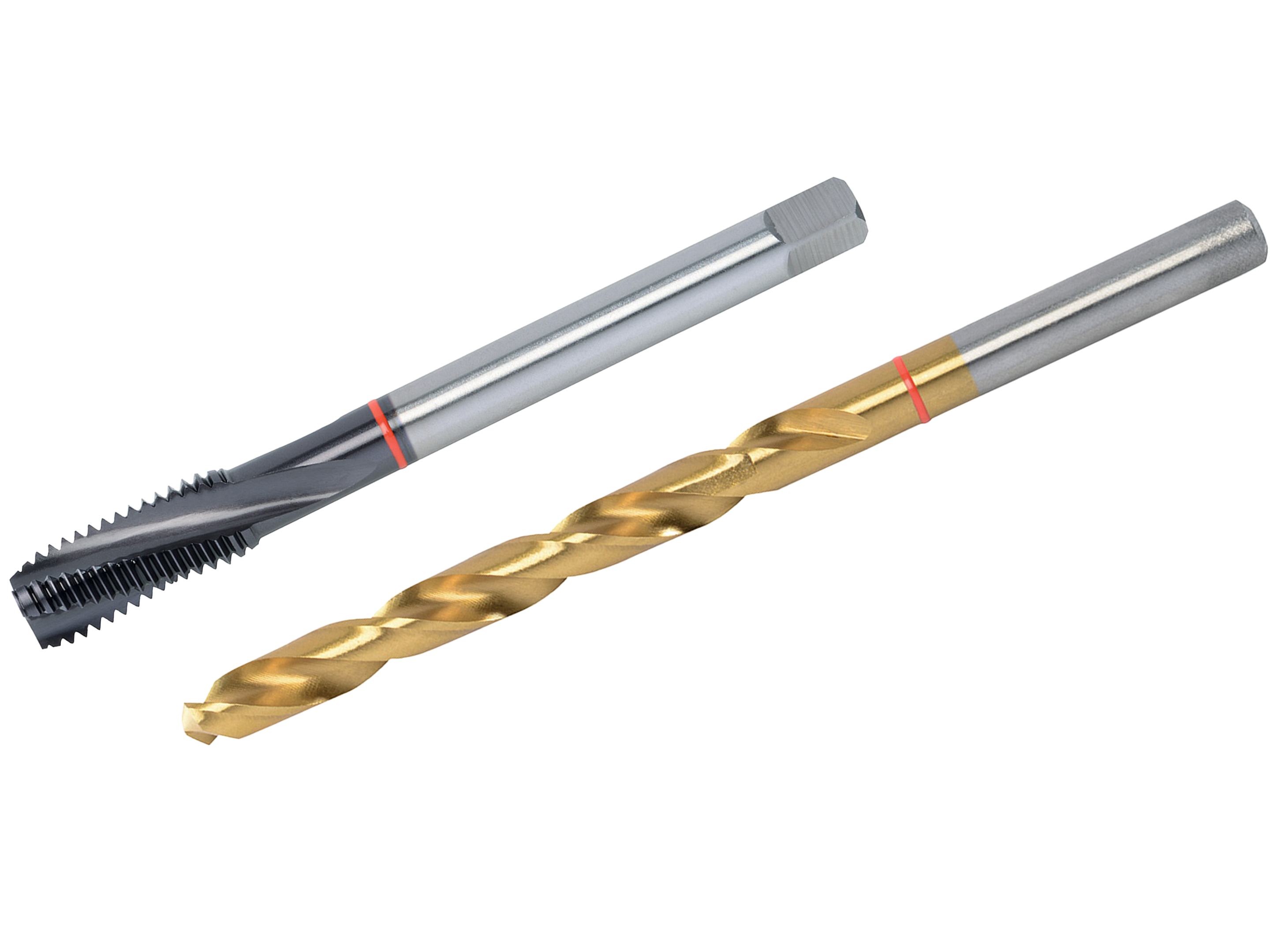 Präzisions-Gewindebohrer aus Stahl und goldfarbener Spiralbohrer mit rotem Ring, geeignet für Bohren und Gewindeschneiden in Metall.