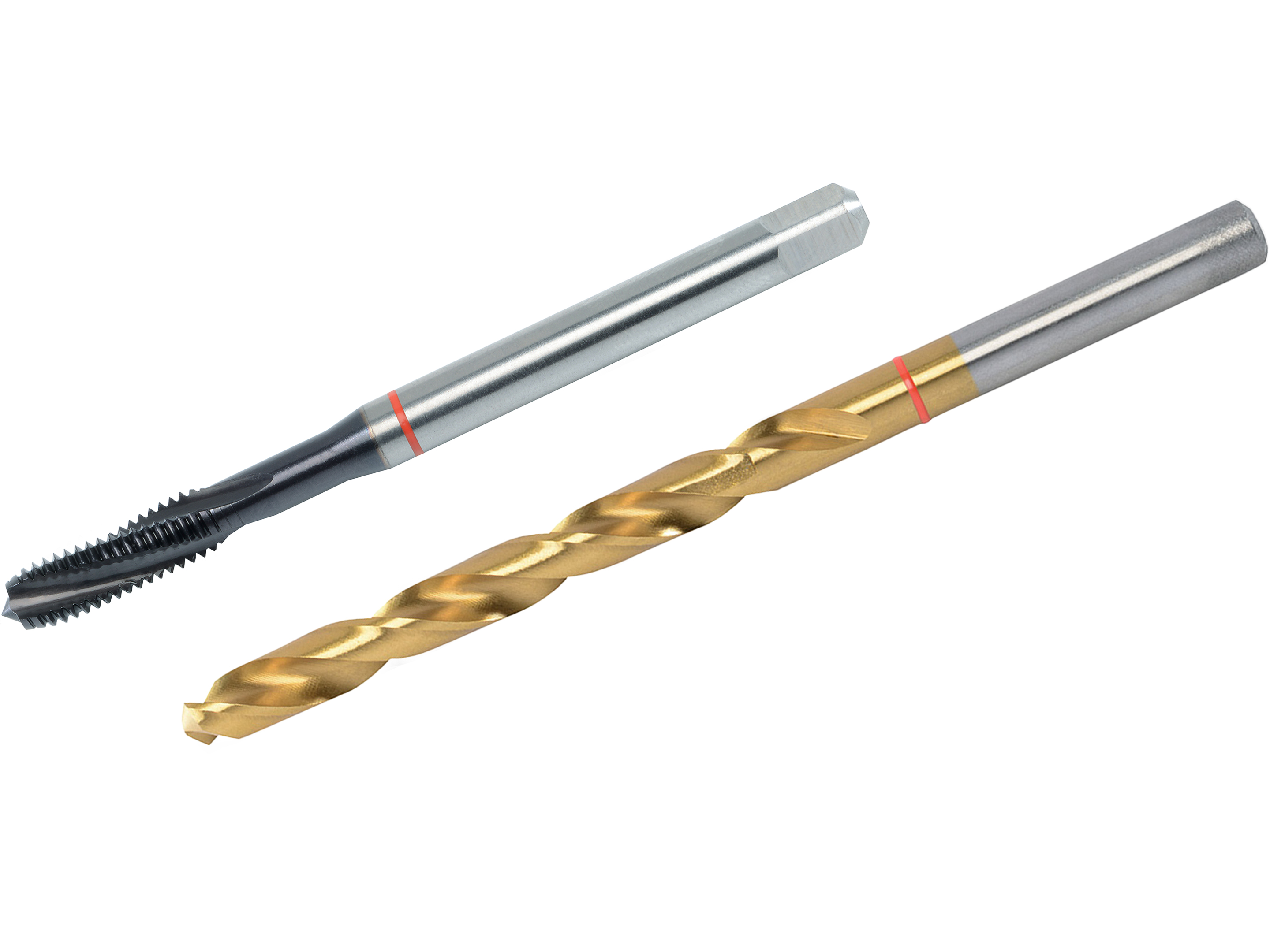 Steel thread tap and gold-colored twist drill with red marking ring for precise drilling and threading applications.