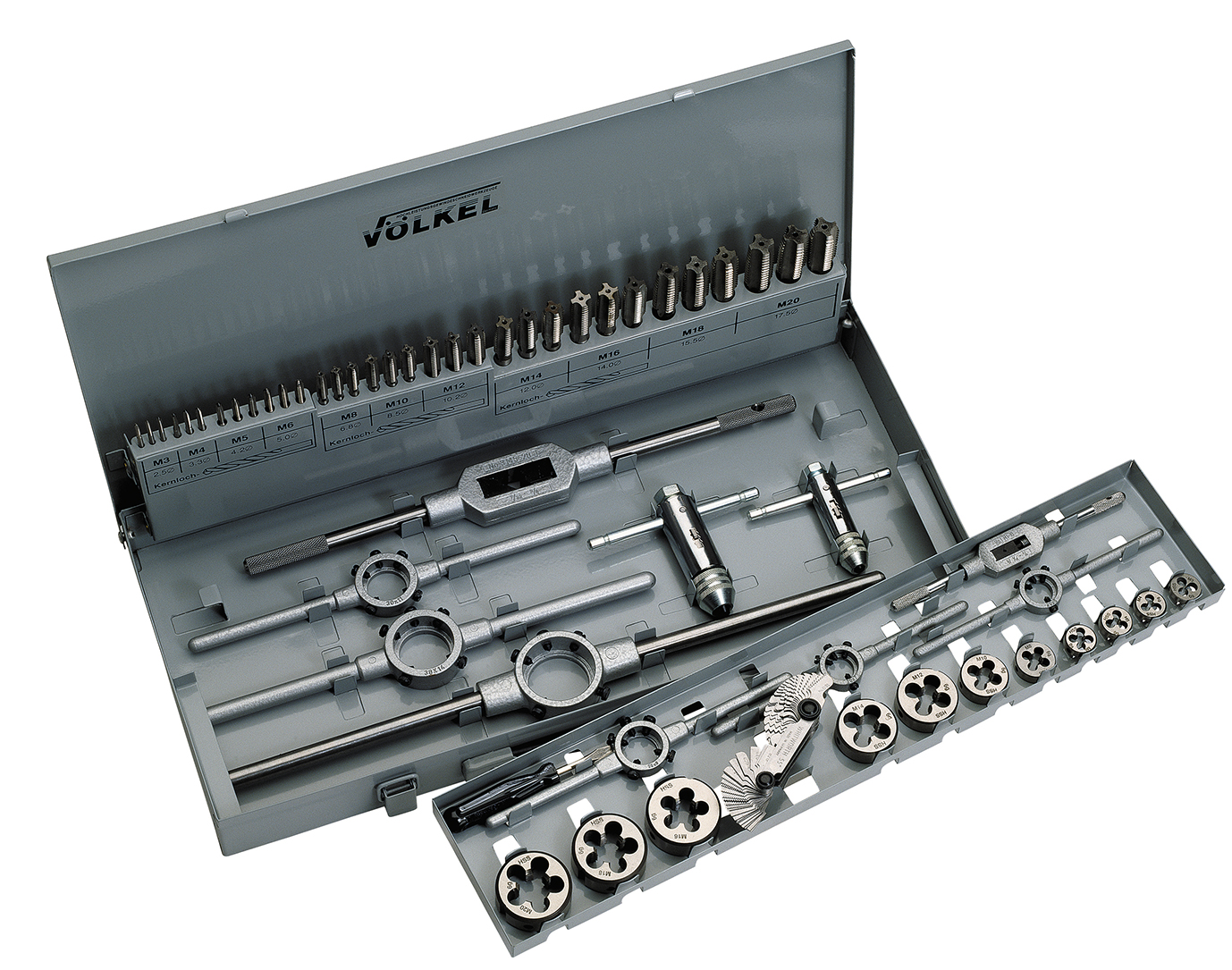 Complete VÖLKEL kit for internal and external thread cutting including tools and accessories in organized layout