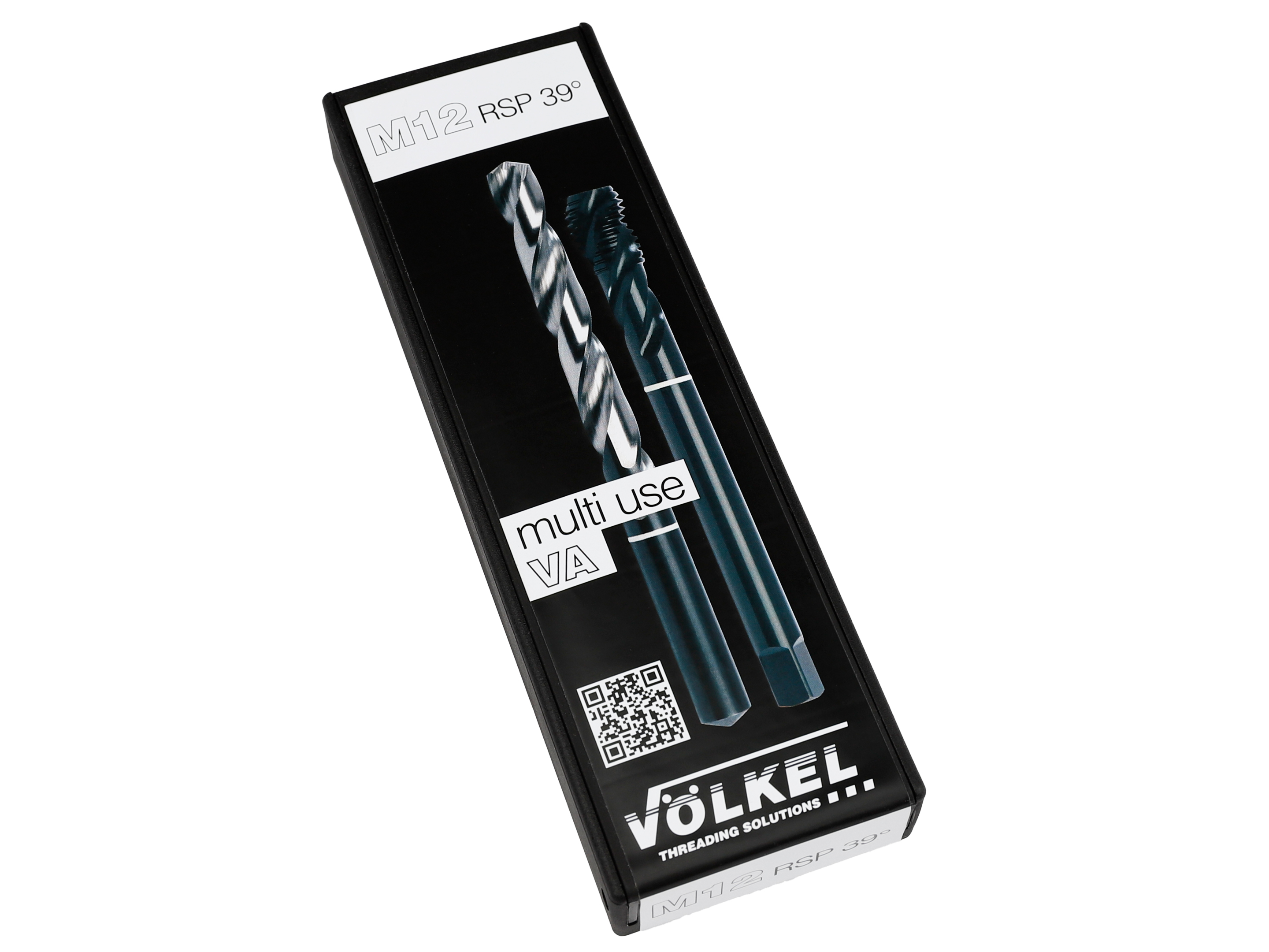 VÖLKEL TwinBox WHITE RING in its original packaging, for stainless steel, DIN 376, with right-hand spiral flute, M 12, cut out on a white background