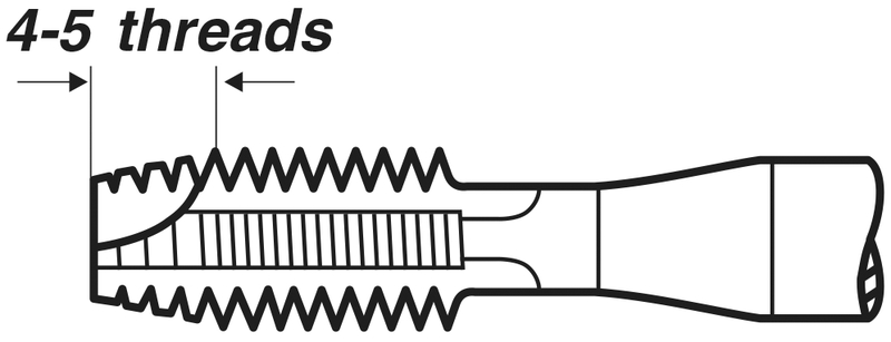 VÖLKEL Schneidwerkzeug Form B VÖLKEL Gewindebohrer Form B mit 4–5 Schneidgängen in technischer Darstellung.