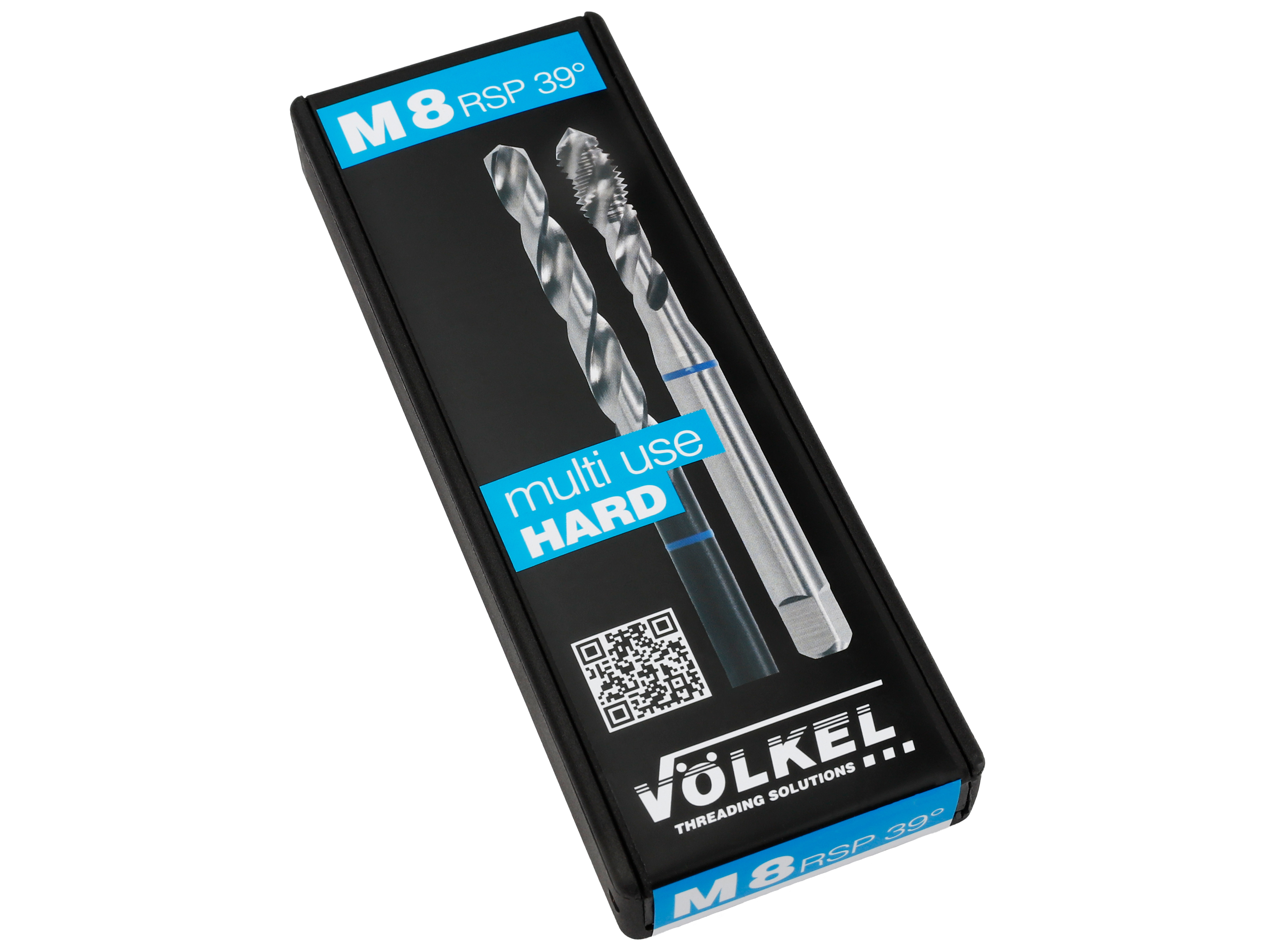 Packaging of TwinBox BLUE DIN 371 Form C right- hand spiral with two M8 taps for hard materials by VÖLKEL.
