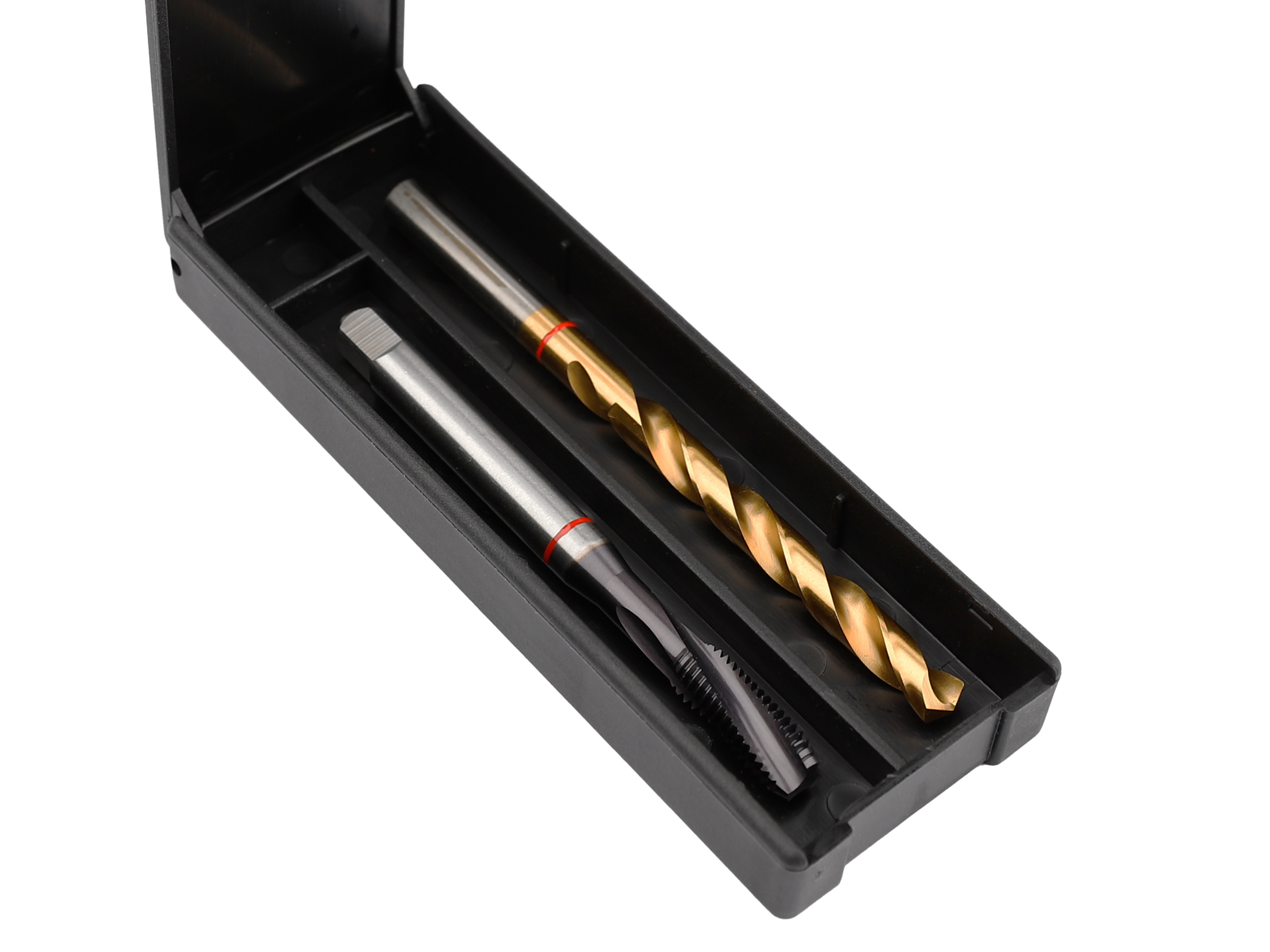 Black plastic case containing gold twist drill and silver thread tap, precision set for drilling and threading applications.