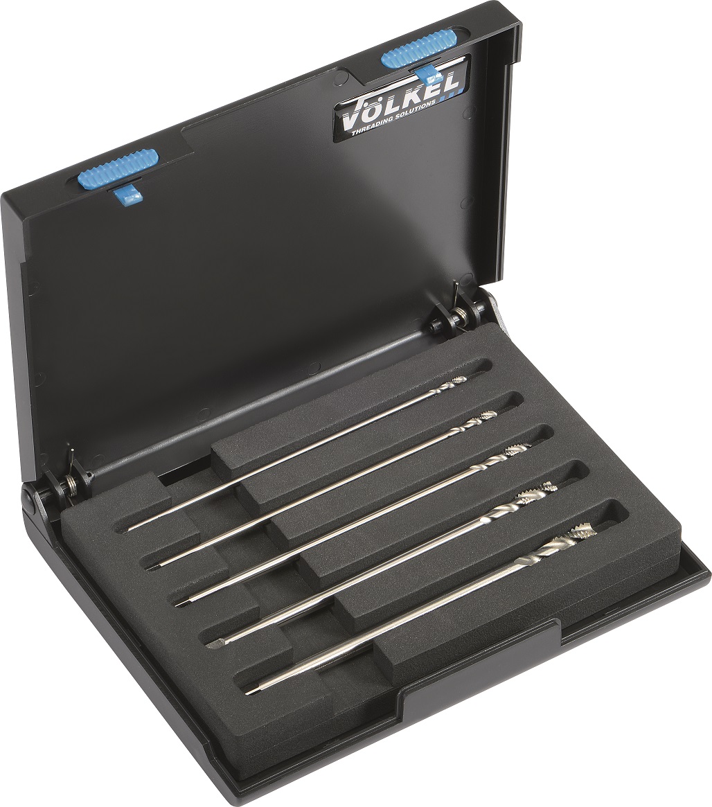 VÖLKEL MGB Set R35° mit fünf Maschinengewindebohrern in schwarzer Box mit Schaumstoffeinlage.