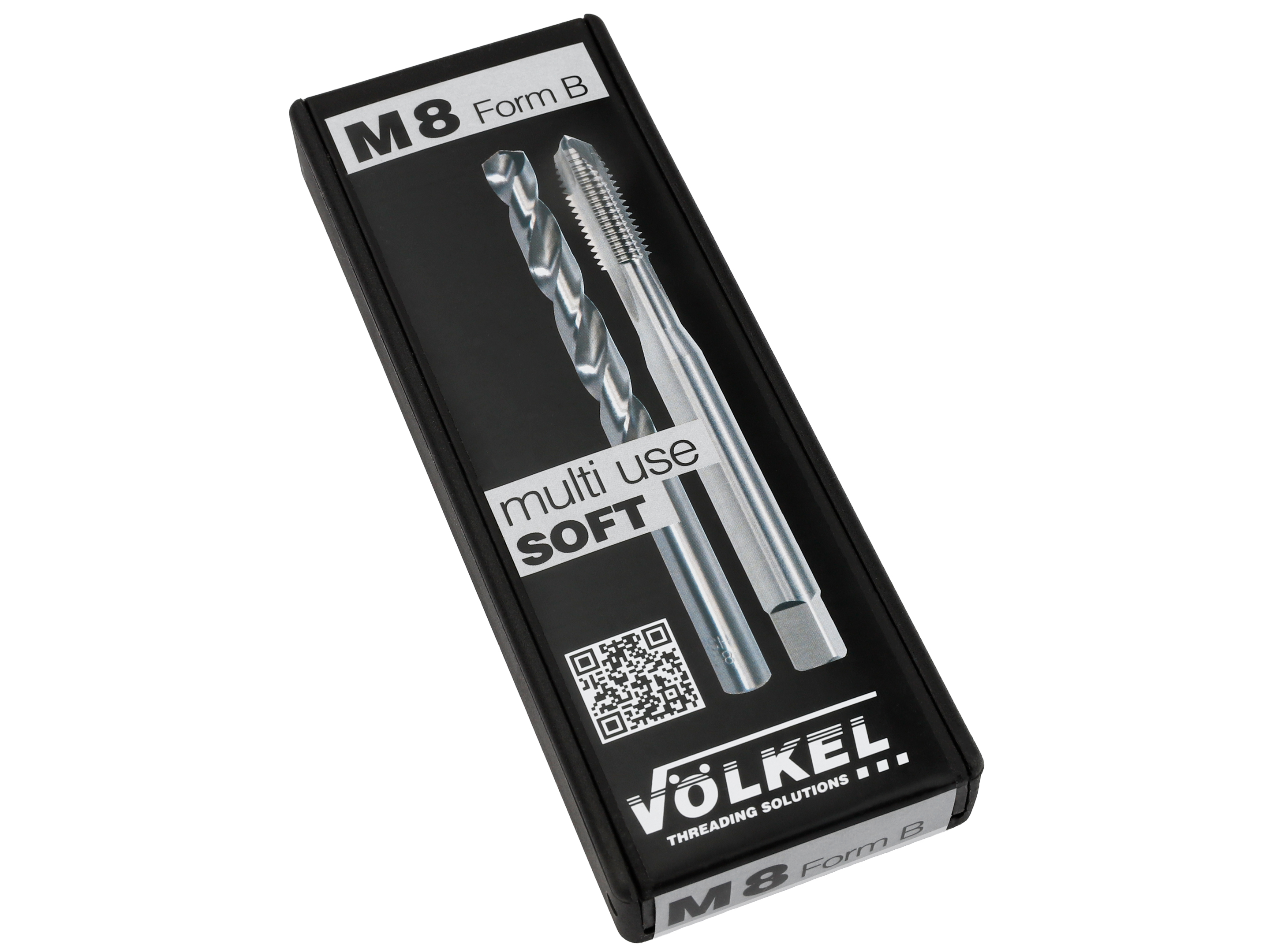 Packaged M8 drill bit and thread tap set by Völkel designed for soft materials and multi-purpose threading tasks