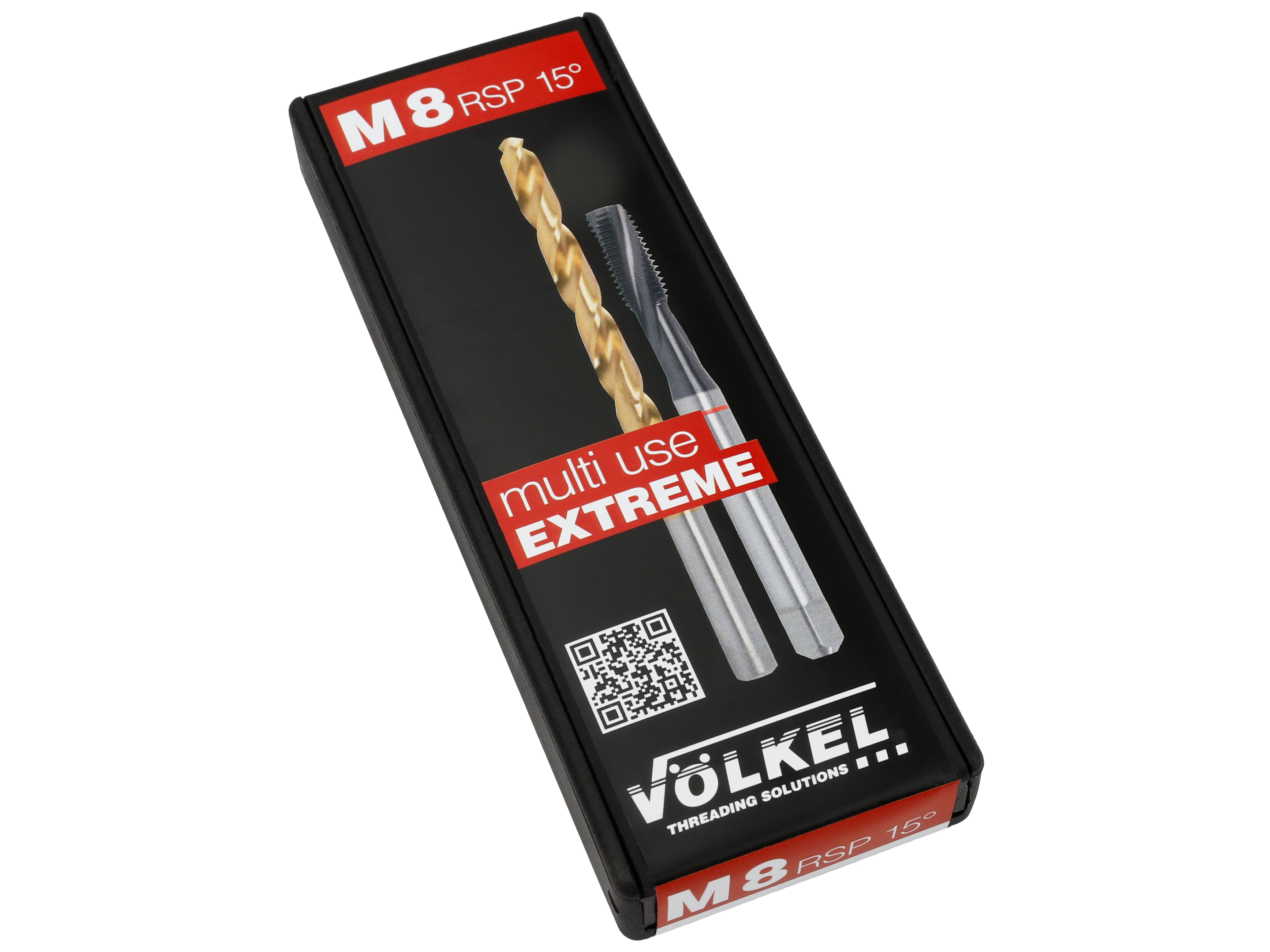 Emballage noir Völkel présentant set de taraudage M8 RSP 15° avec foret et taraud pour usage multiple extrême.