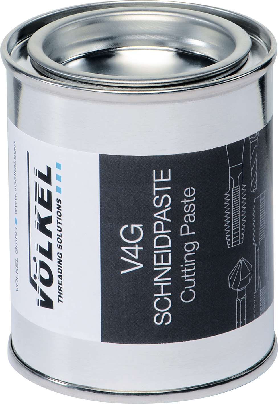 VÖLKEL V4G Schneidpaste in Dose, universelles Schneidmittel für Stahl, Guss, Buntmetalle und Aluminium, verbessert Standzeit und Schnittqualität.