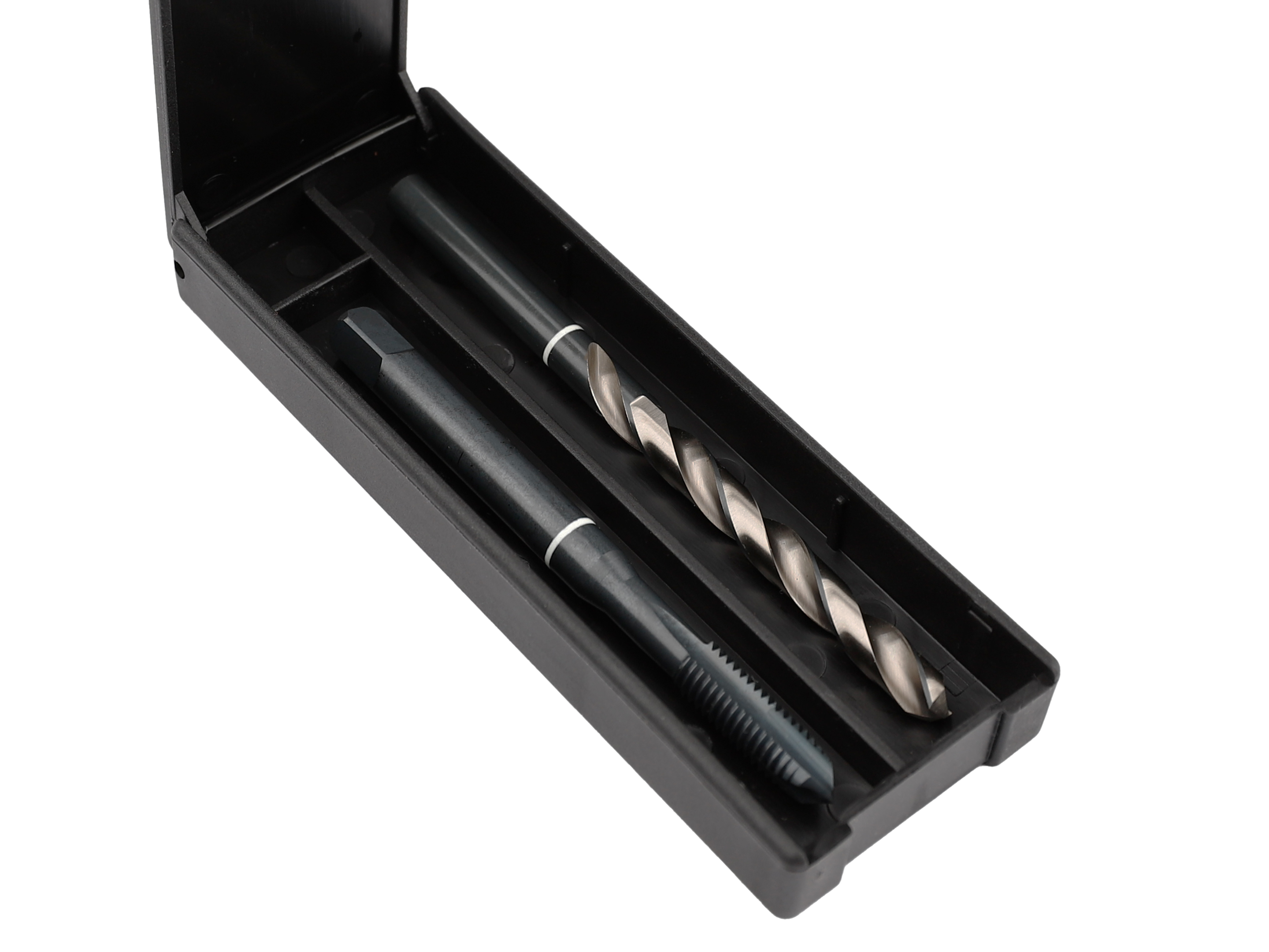 Black plastic case containing twist drill bit and thread tap for accurate drilling and threading in metal