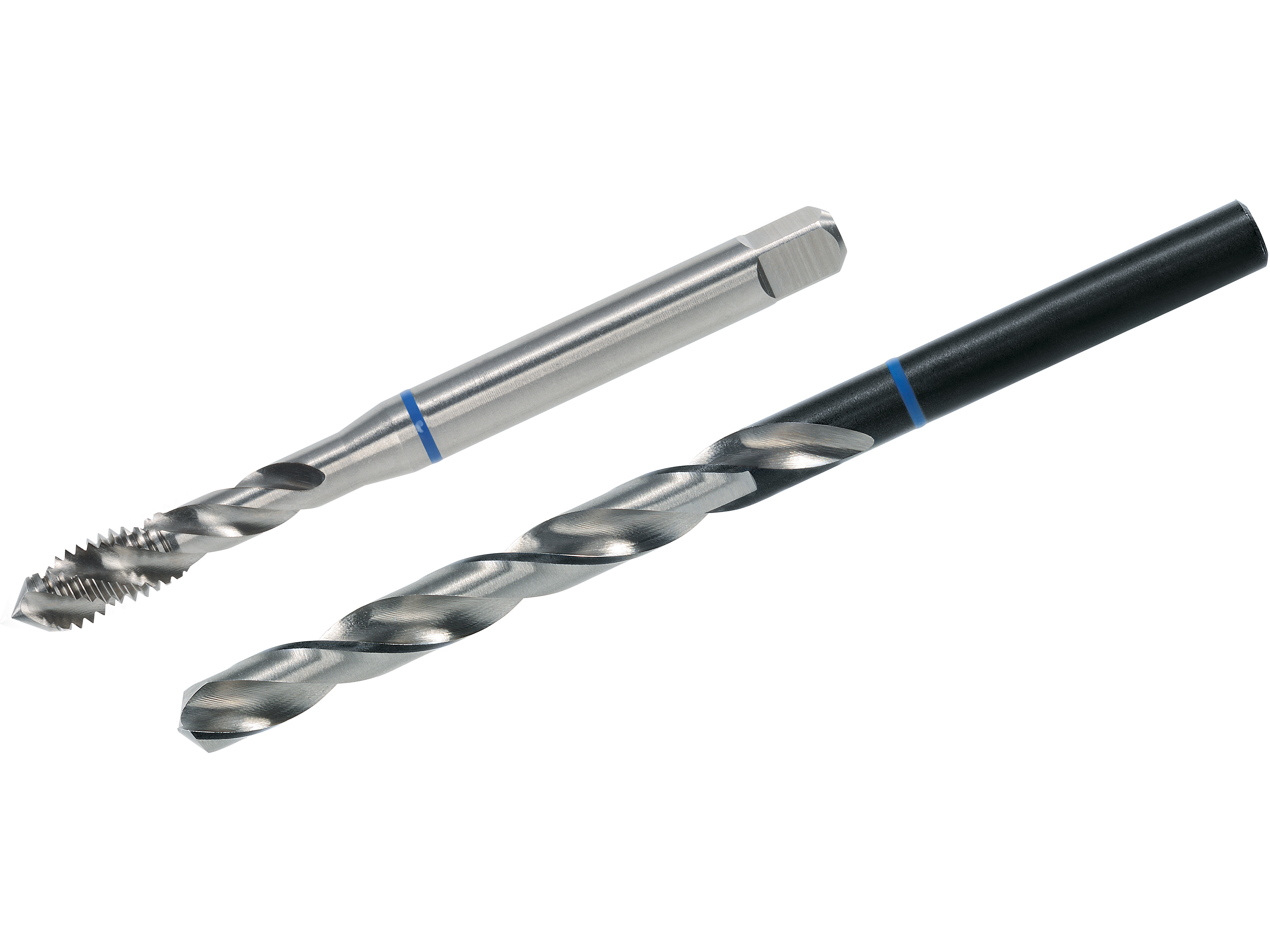 Taraud et foret hélicoïdal avec marquage bleu de la TwinBox BLEUE DIN 371 Forme C spirale à droite pour matériaux durs.