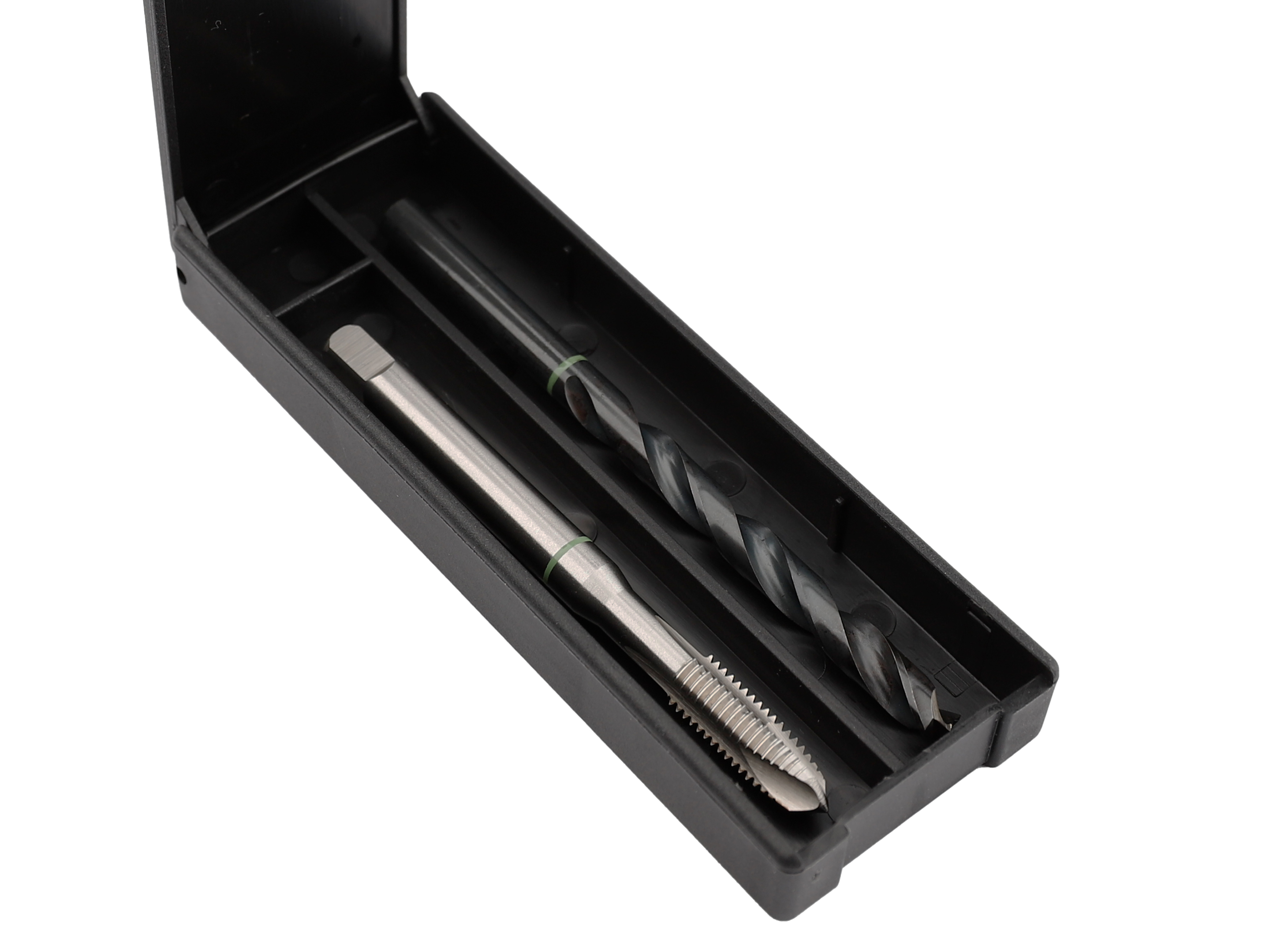 VÖLKEL TwinBox GREEN RING DIN 371 Form B with drill and tap neatly stored in open black case