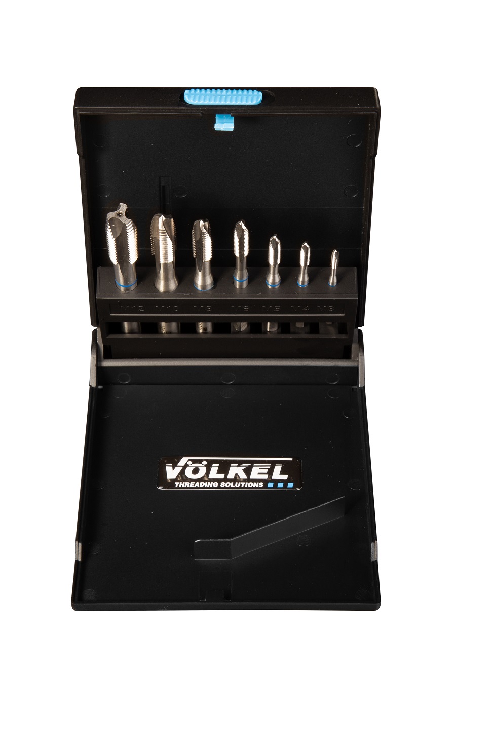 Set of 7 VÖLKEL machine taps Form B with blue rings, stored in a plastic case.
