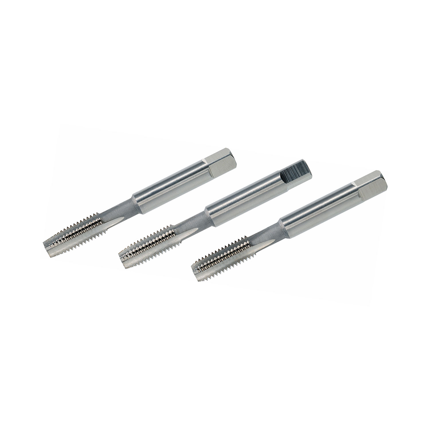 Drei Gewindebohrer aus Metall zur Innengewindebearbeitung Drei parallel angeordnete Gewindebohrer mit Vierkantaufnahme und Schneidgewinde zum Schneiden von Innengewinden.