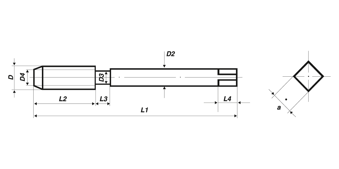 Technical schematic of a thread tap showing dimensions for length, shank, and square drive.