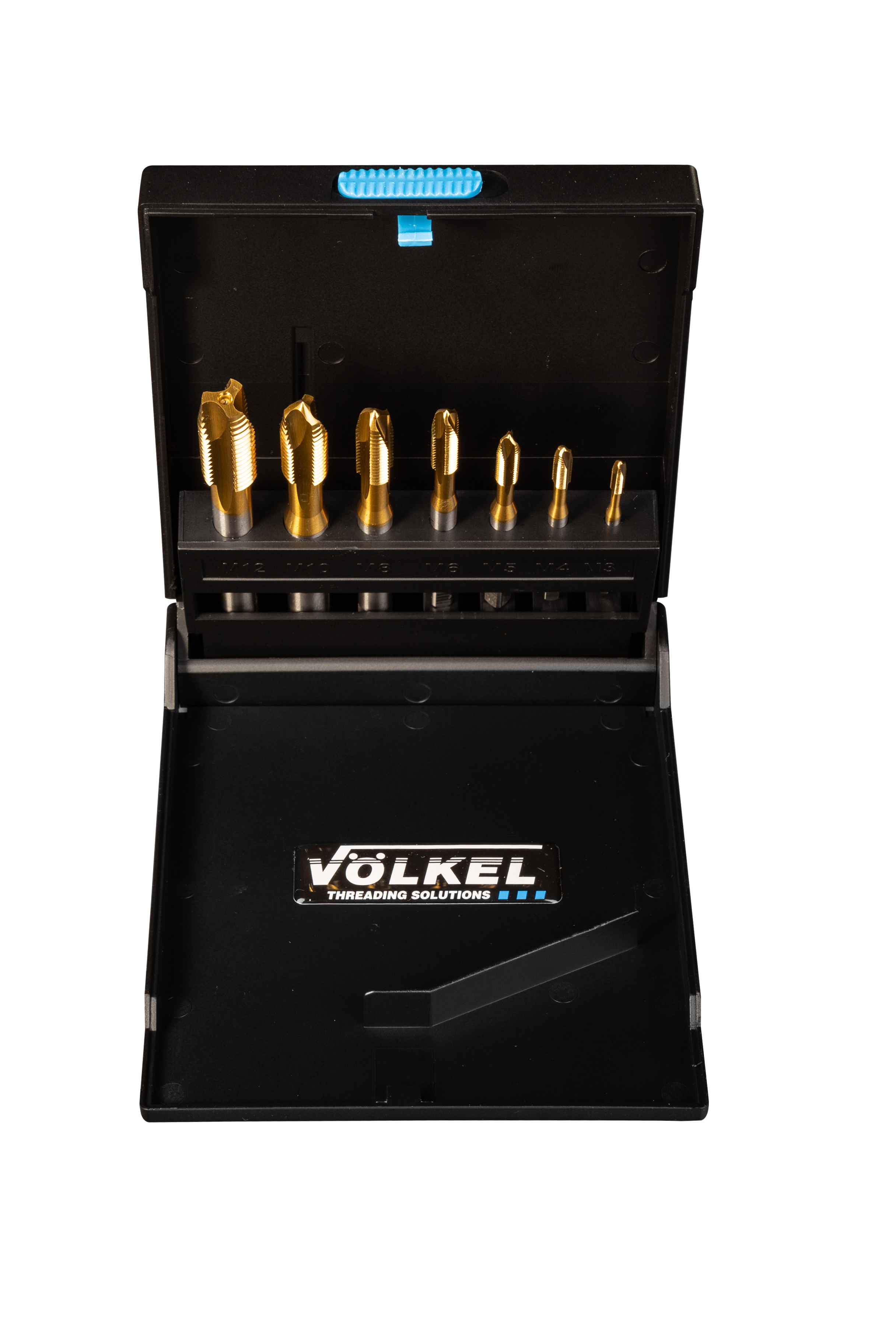 Coffret de tarauds VÖLKEL avec revêtement TiN dans une boîte noire, idéal pour filetage précis.