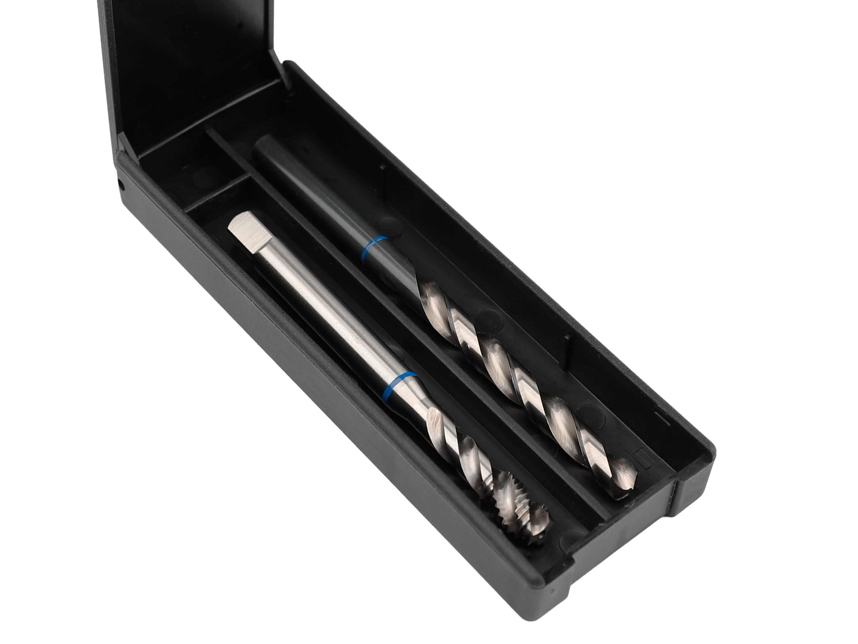 Coffret ouvert avec deux forets et un taraud marqués en bleu de la TwinBox DIN 371 Forme C RSP (spirale à droite).