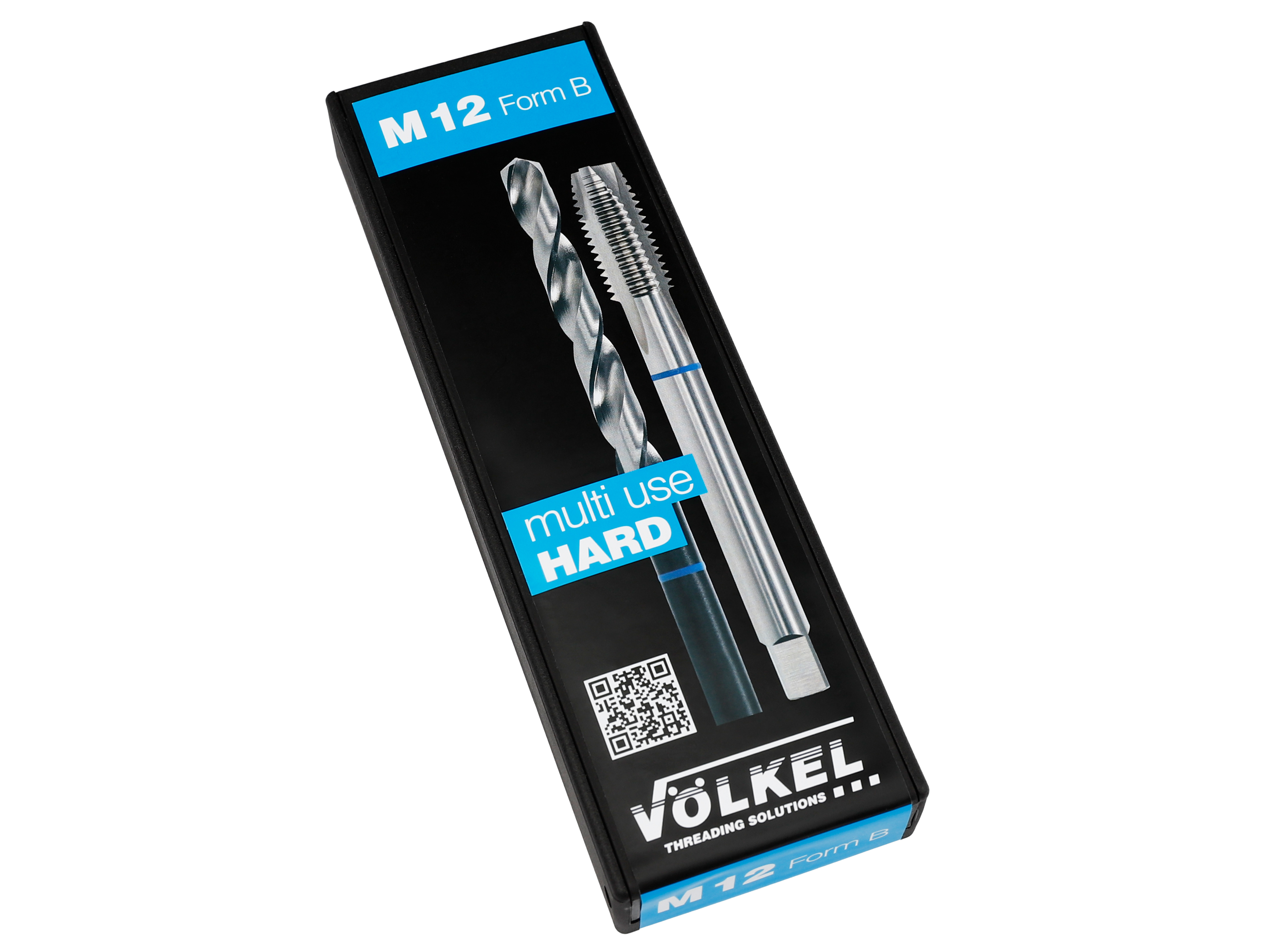 Embalaje de TwinBox AZUL DIN 376 0Form B con macho y broca M8 de VÖLKEL, ideal para materiales duros.