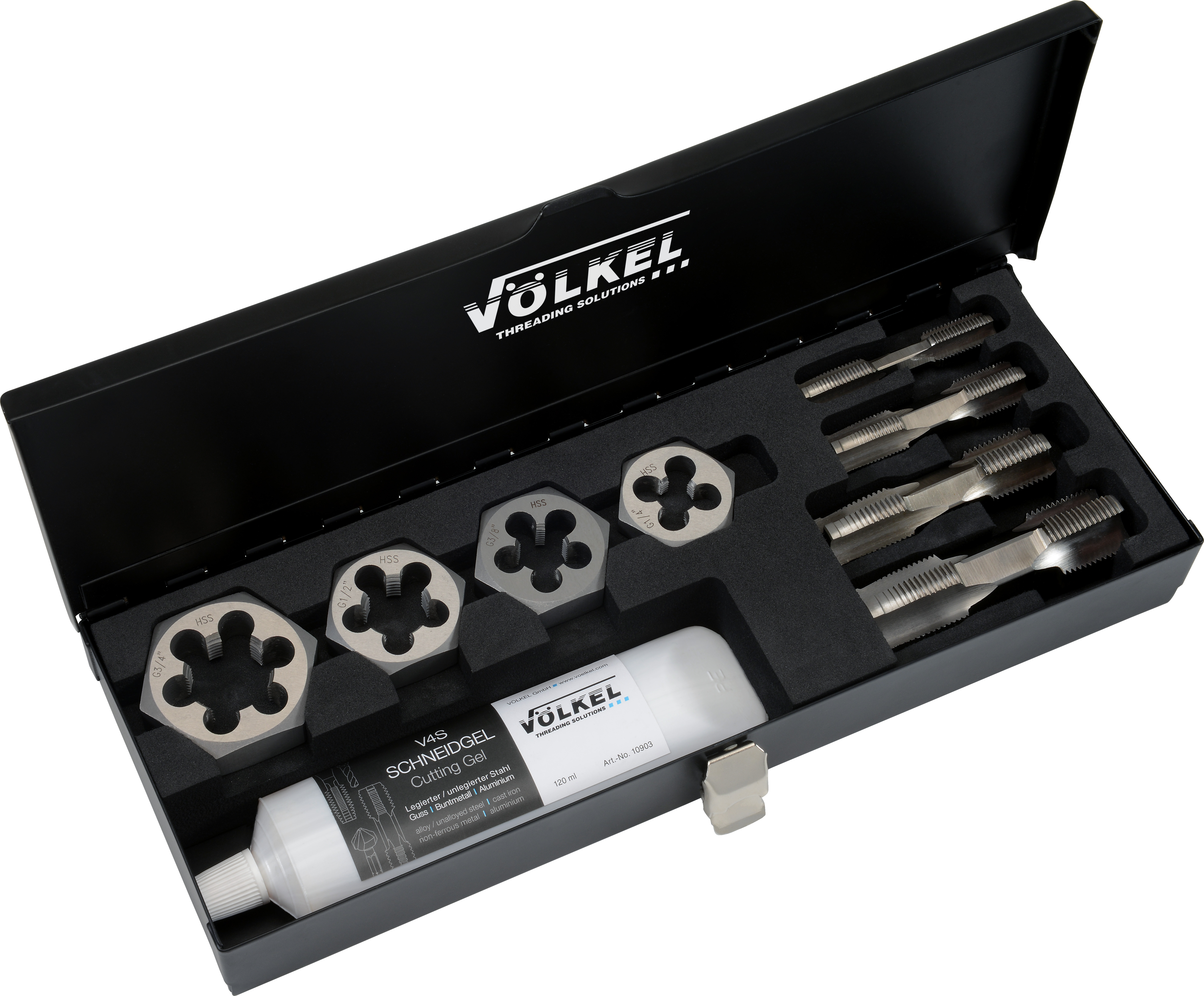 Geöffnete schwarze Metallkassette mit dem VÖLKEL Gewindeschneid-Sortiment GWS 48651. Das Set enthält HSS Einschnittgewindebohrer und Sechskantschneidmuttern für Rohrgewinde G…