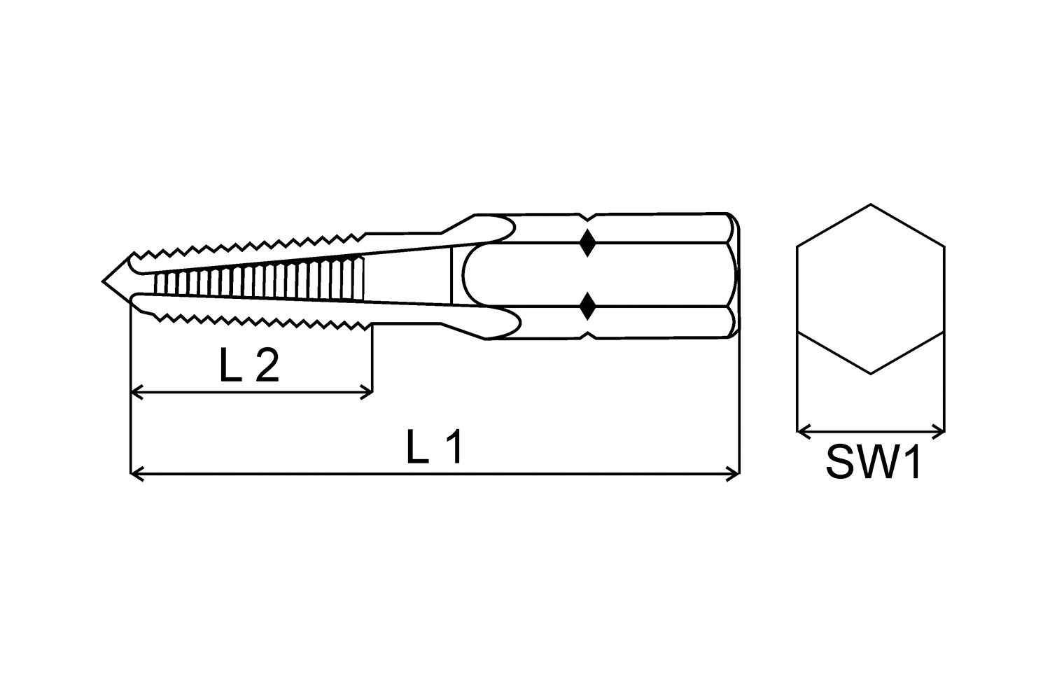Sechskant-Gewindebohrer Zeichnung Technische Zeichnung eines Sechskant-Gewindebohrers mit Maßen L1, L2 und SW1.