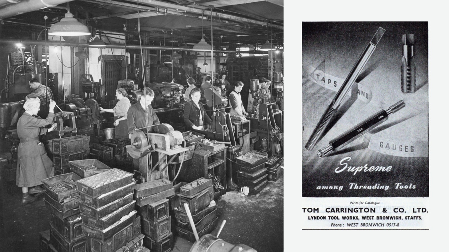 Black and white photo of a factory floor with workers and machinery, advertisement for Tom Carrington & Co. Ltd. in the foreground.