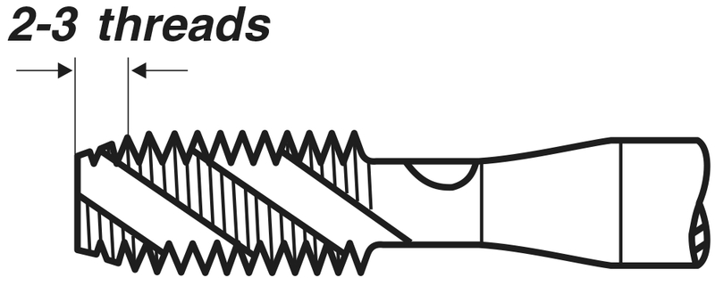 Gewindebohrer Illustration 2–3 Gewinde Technische Illustration eines Gewindebohrers, Anschnittlänge 2–3 Gewinde, für Metallbearbeitung