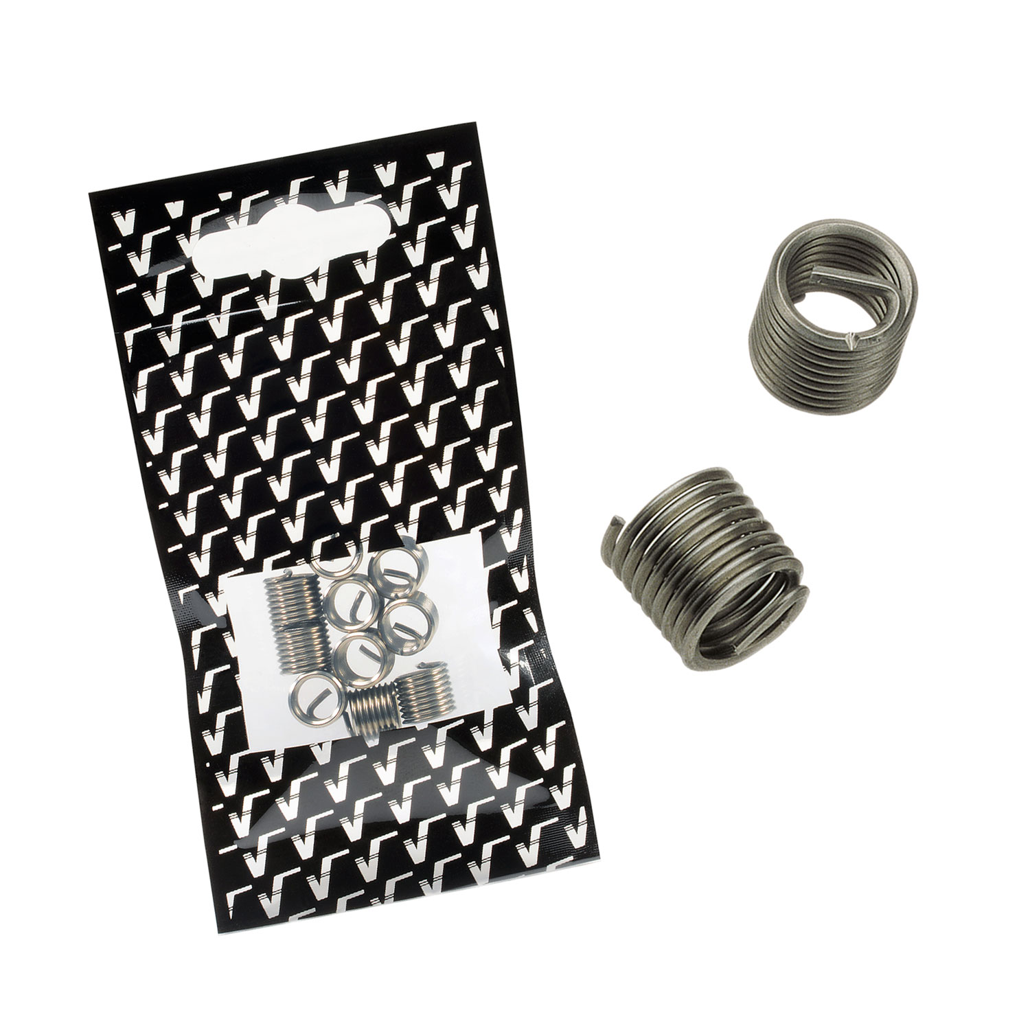 Recharge de 5 filets rapportés V-COIL type libre UNF 3/8 x 24 – 2.0 D, deux pièces visibles hors de l’emballage. Filets rapportés V-COIL UNF 3/8 x 24 – recharge