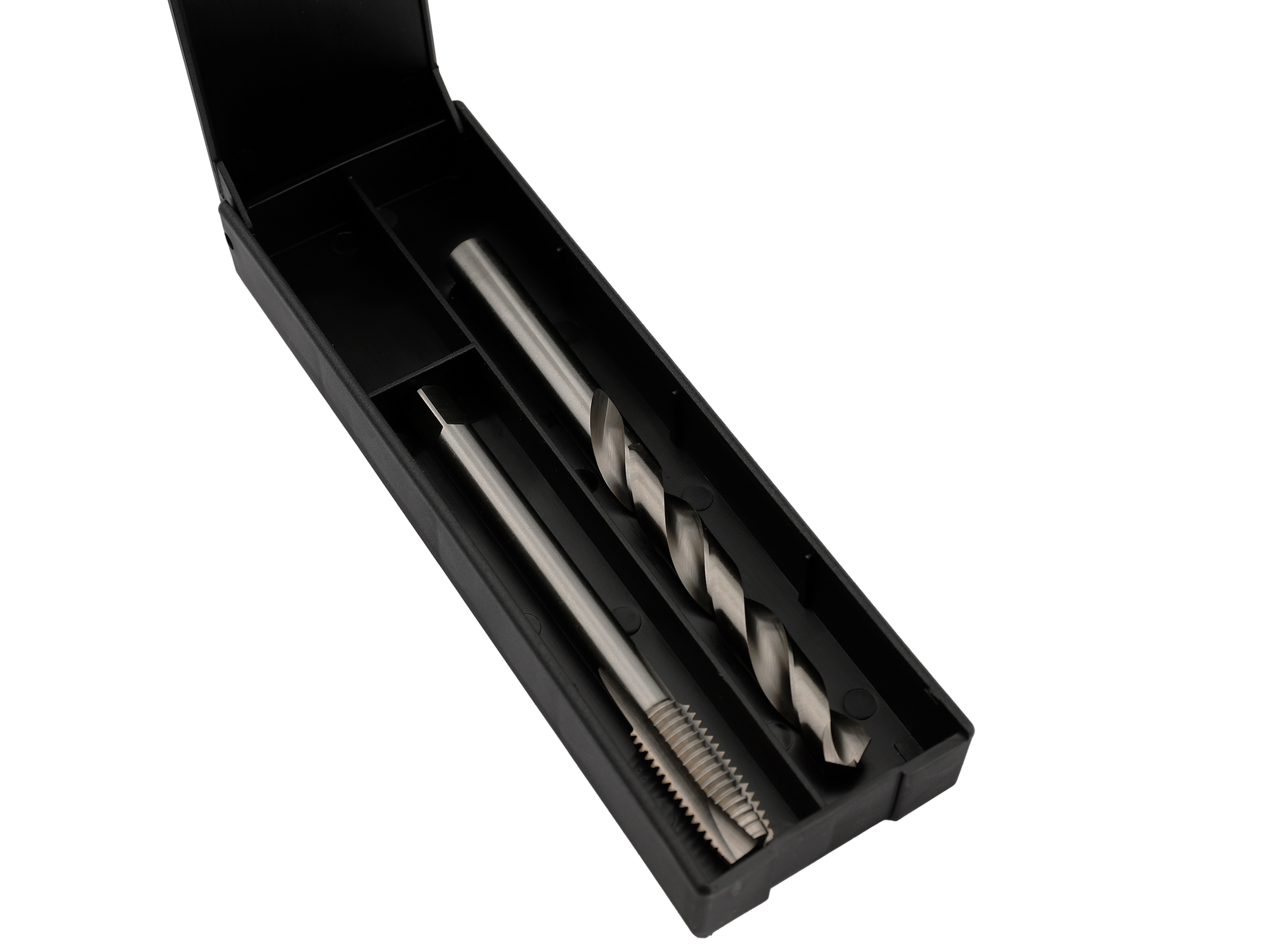 Black plastic case containing twist drill and thread tap Form B DIN 376 for accurate drilling and threading in metal surfaces